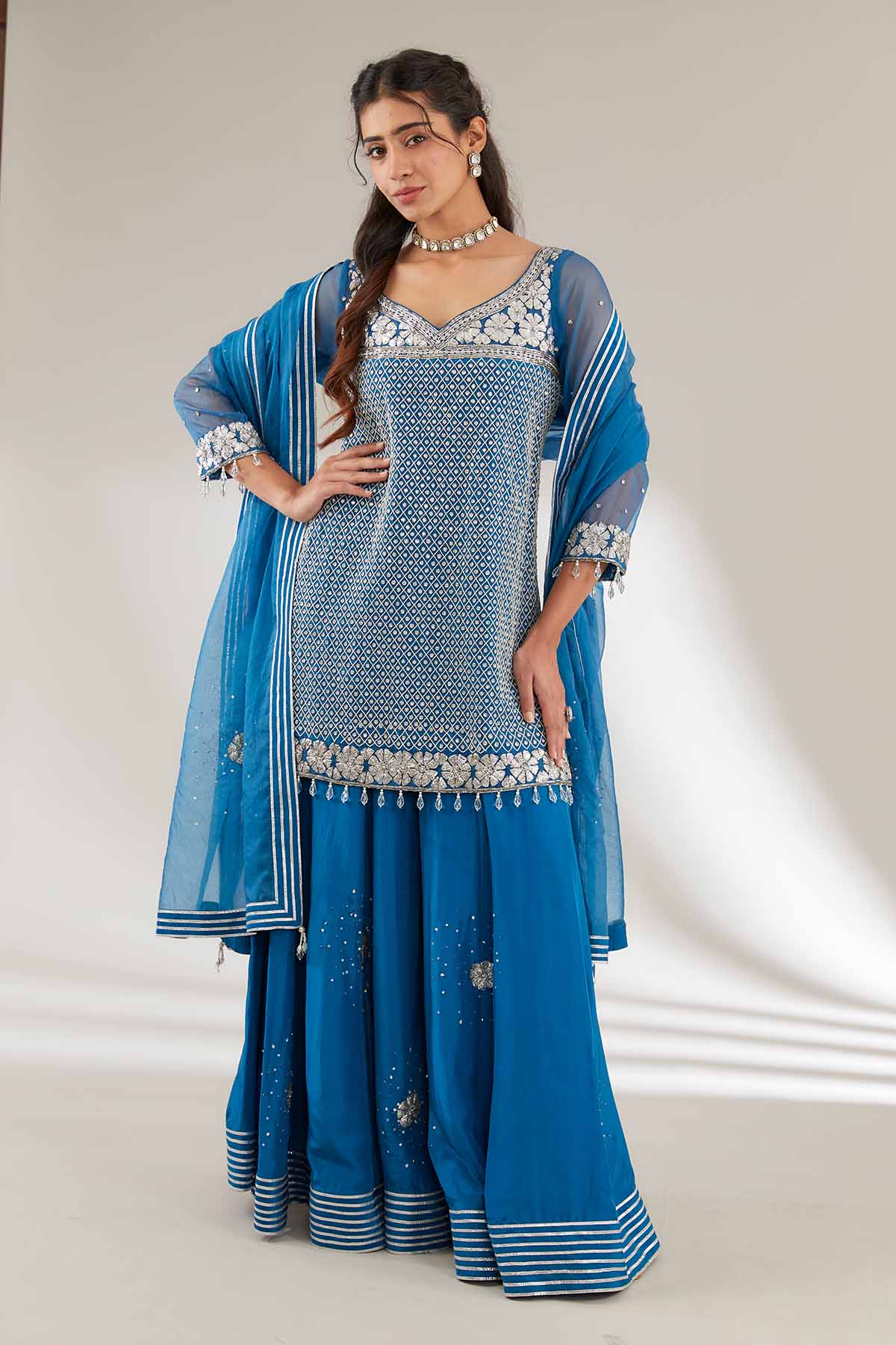 Buy Blue Jaal Embroidered Kurta Set by Ajiesh Oberoi for women online at ScrollnShops