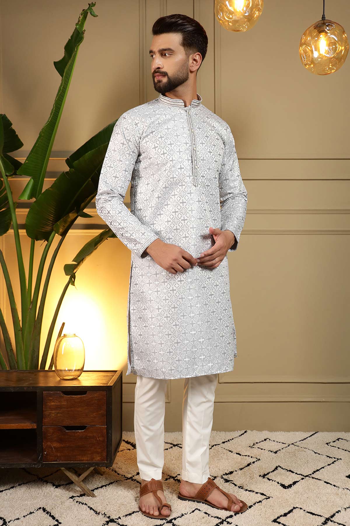 Blue Jacquard Woven Kurta Set
