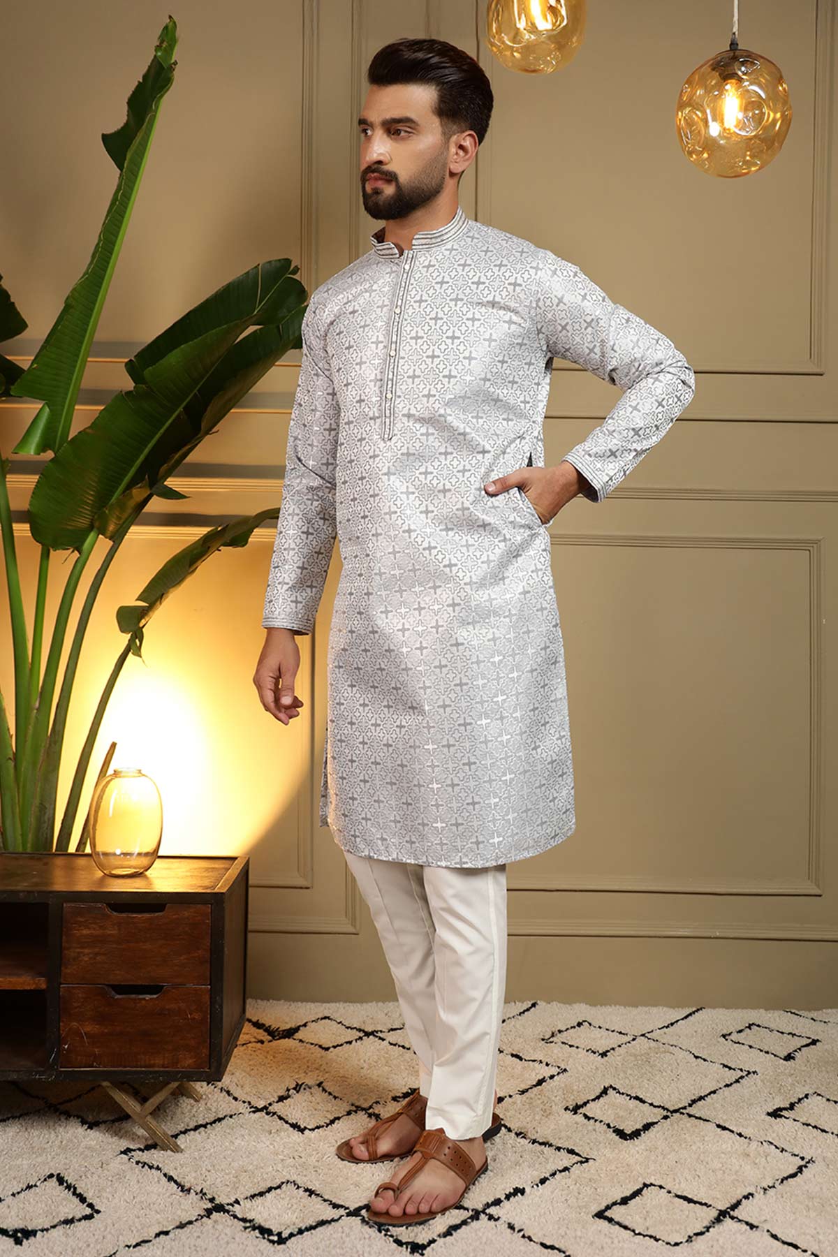 Blue Jacquard Woven Kurta Set