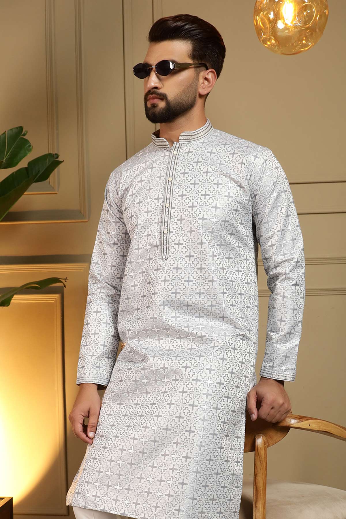 Blue Jacquard Woven Kurta Set