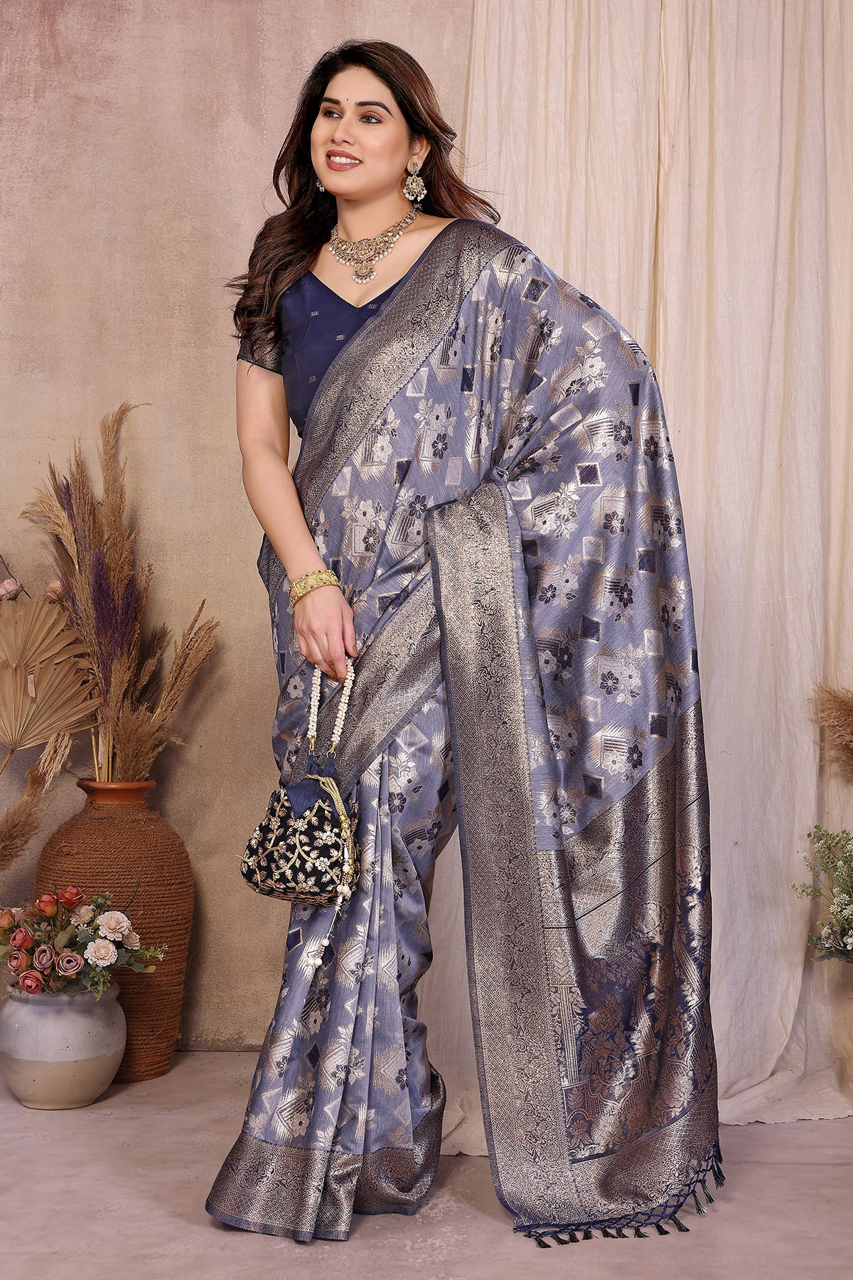 Blue Jacquard Zari Weave Saree