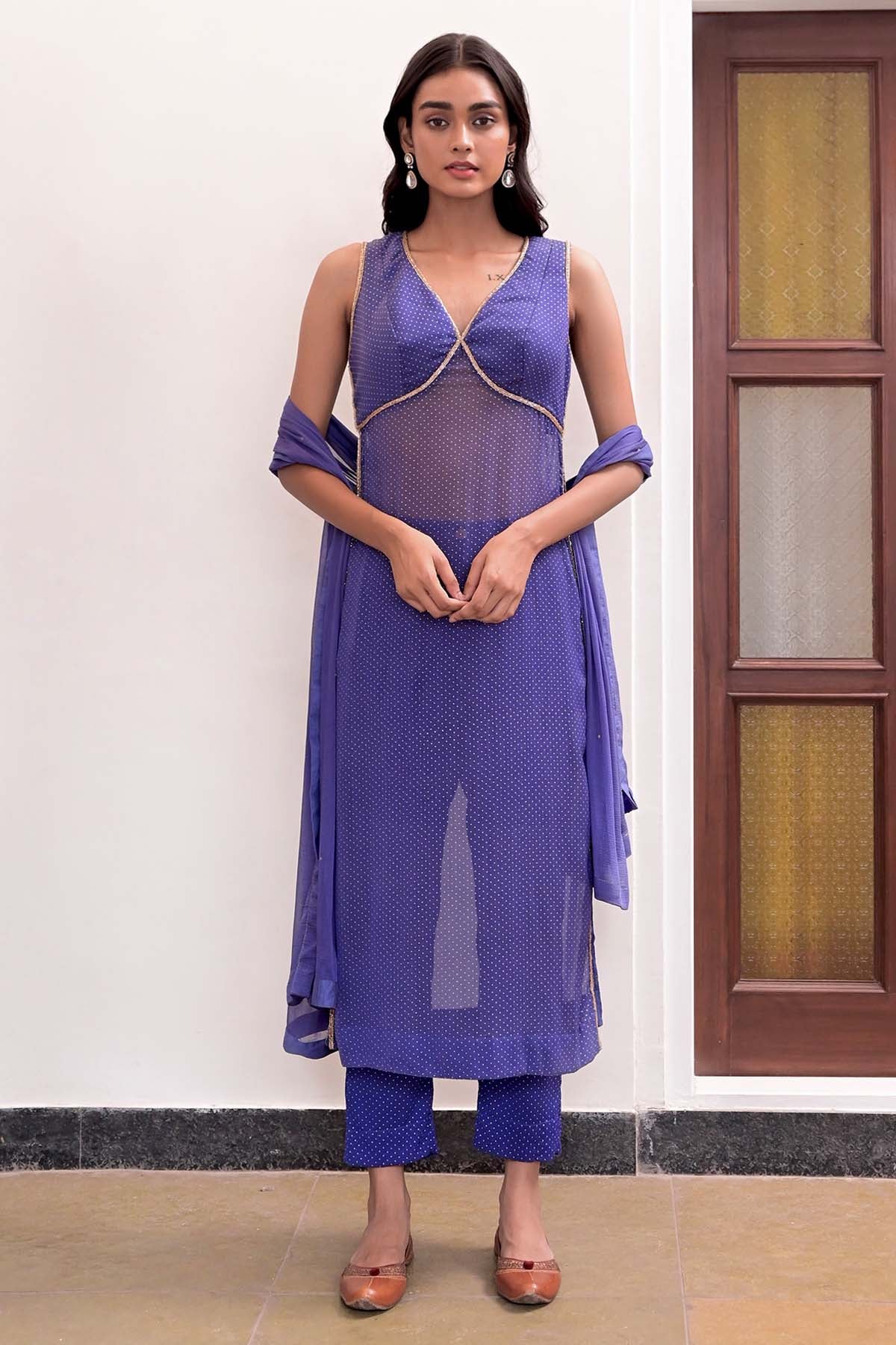 Taro India Blue Kardana Lace Work Kurta Set for women online at ScrollnShops