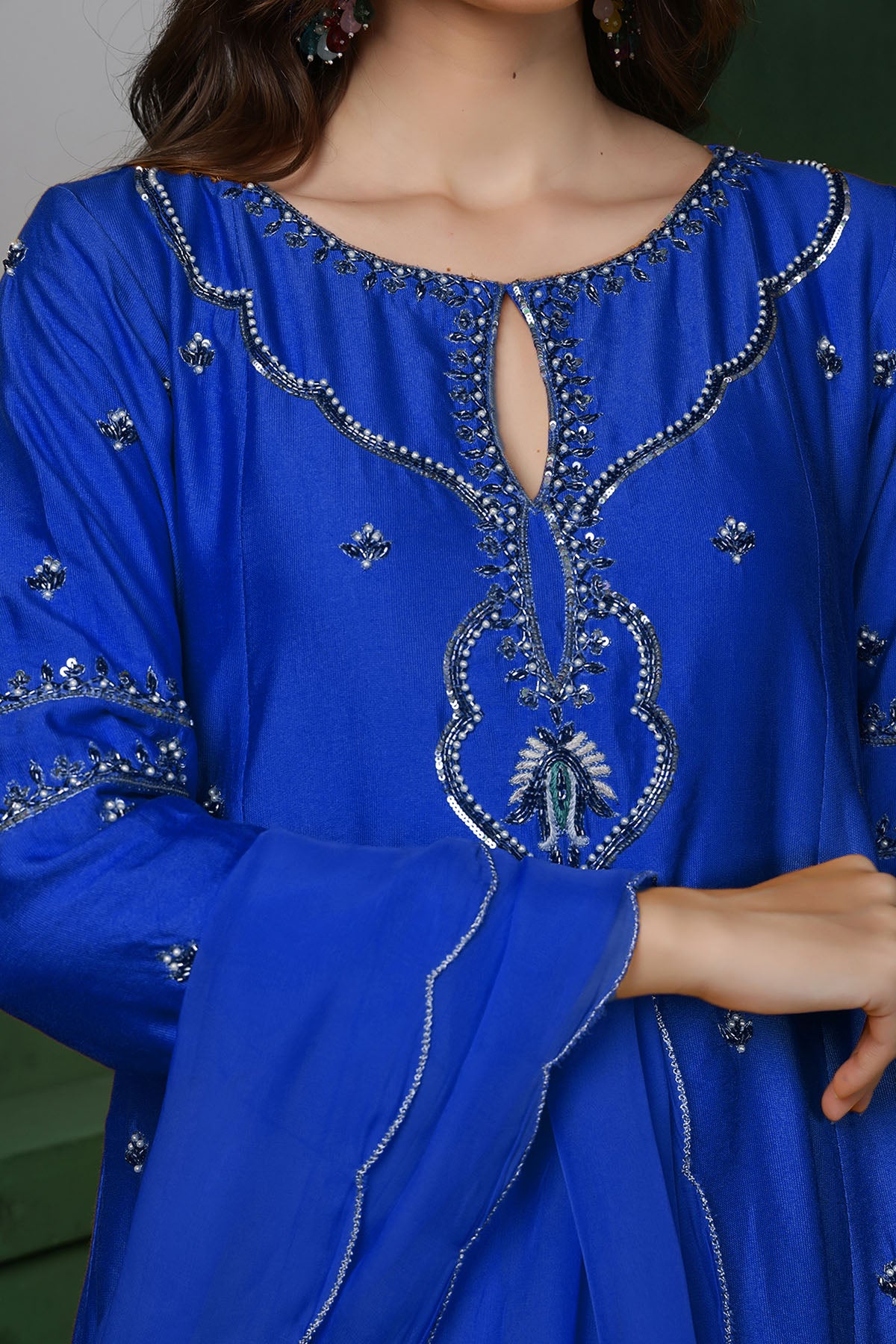 Blue Katan Silk Pearl Kurta Set