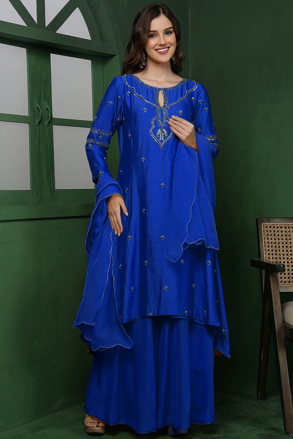 Buy Blue Katan Silk Pearl Kurta Set for women by Milu Madan online available at scrollnshops