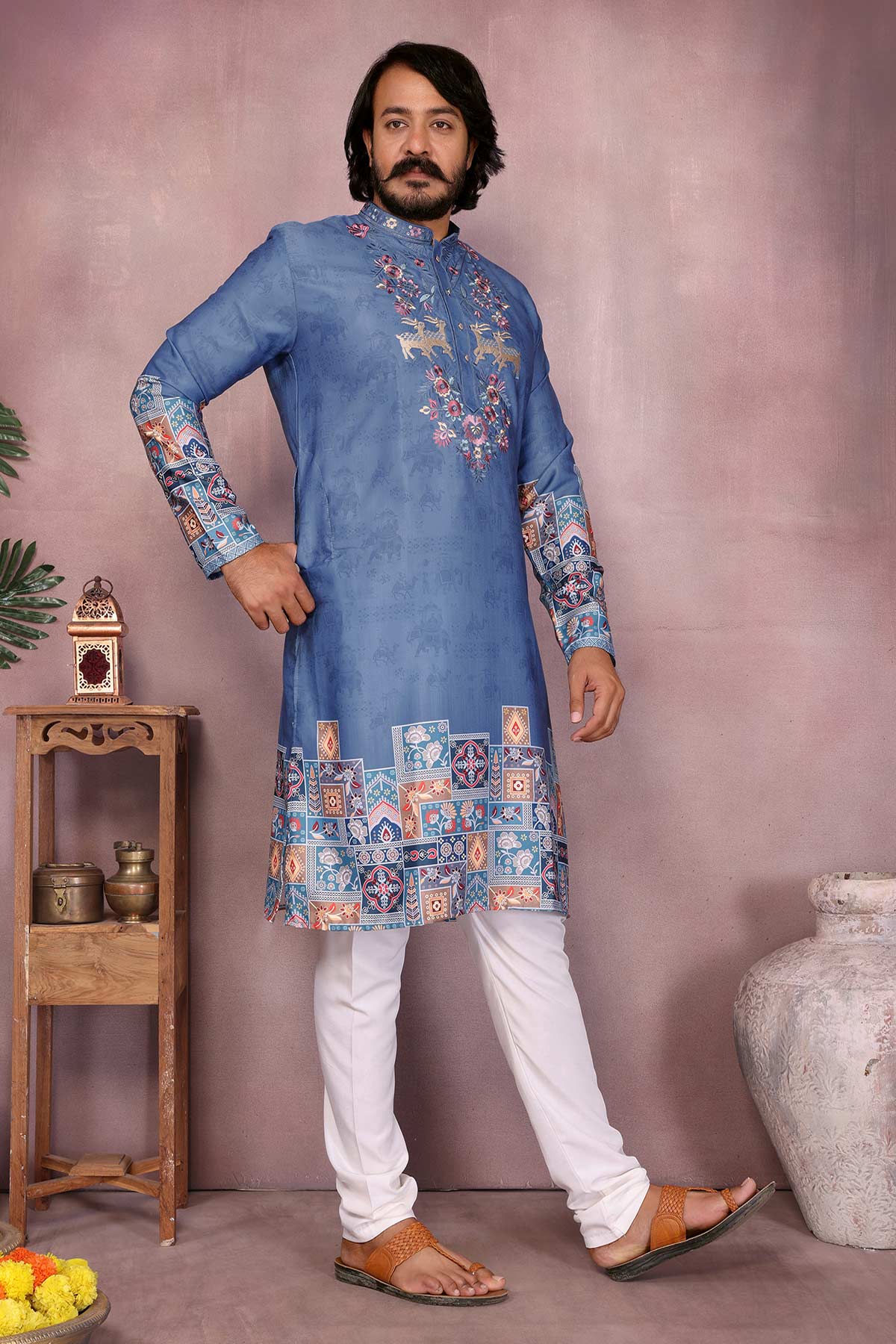 Blue Khadi Cotton Kurta & Pants