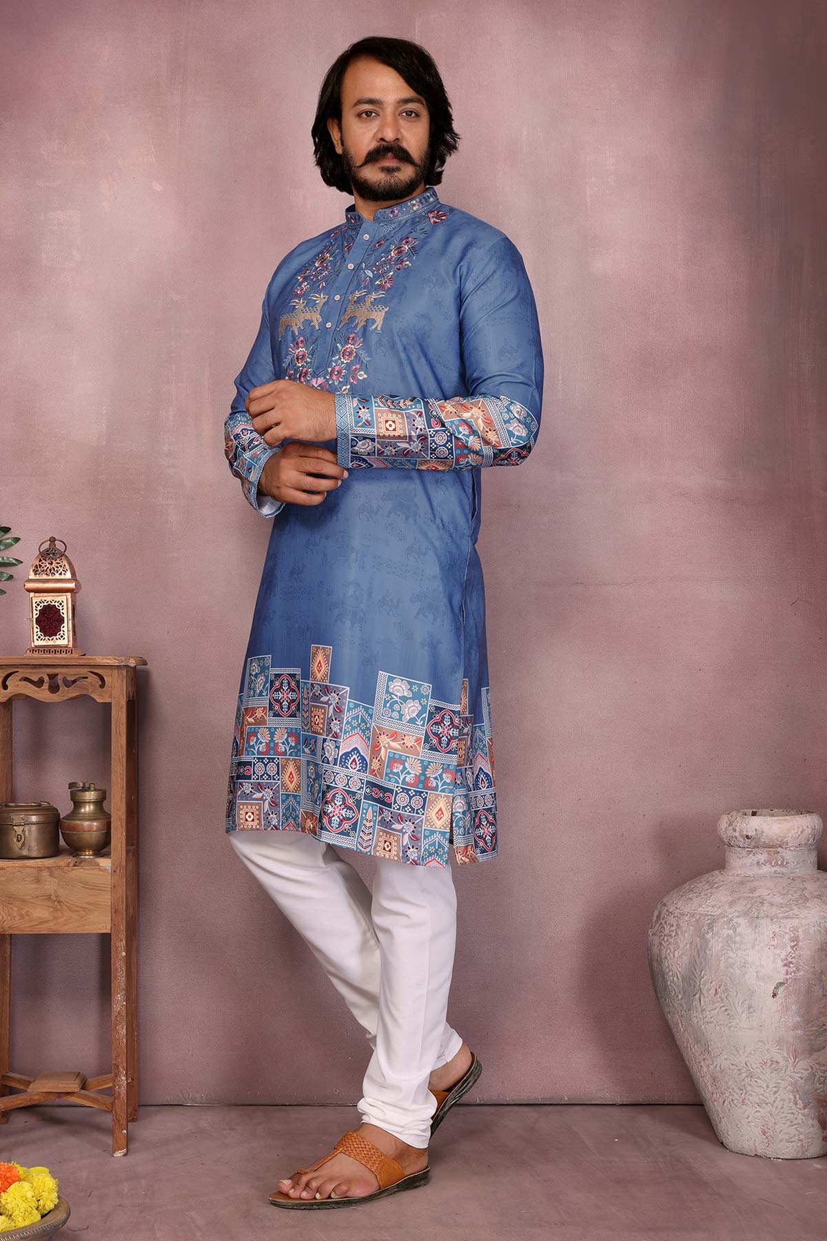 Blue Khadi Cotton Kurta & Pants