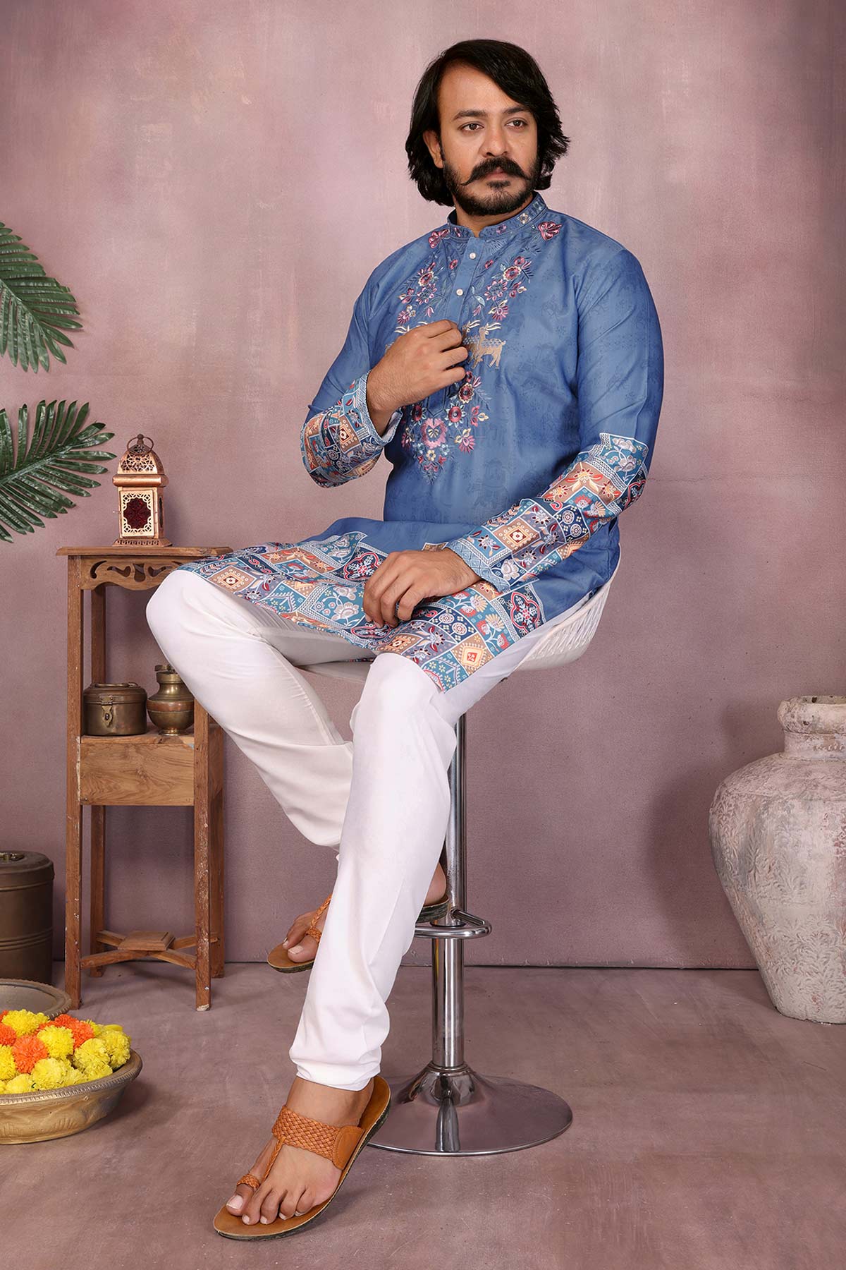 Blue Khadi Cotton Kurta & Pants