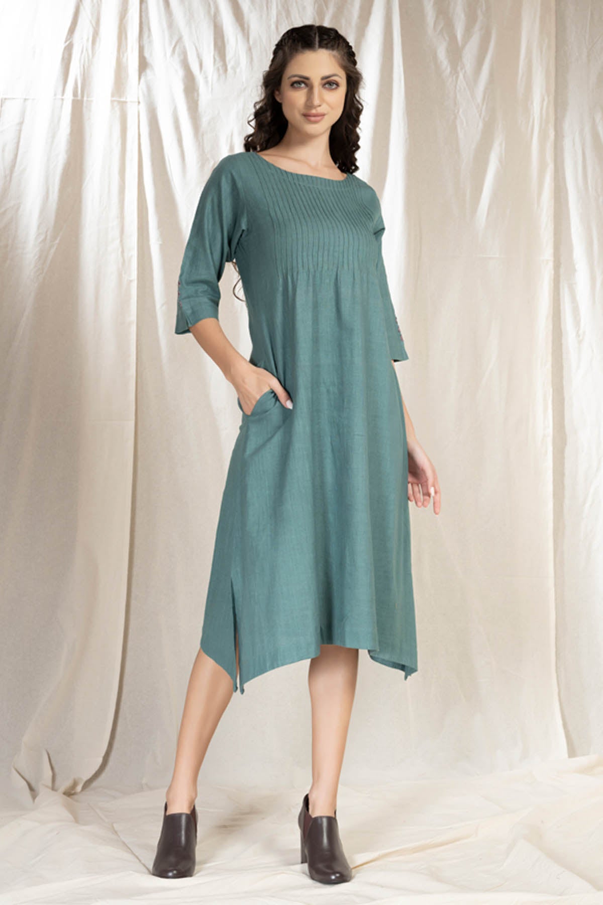 Thread Game Blue Handwoven Cotton Pintuck Midi Dress for women online at ScrollnShops