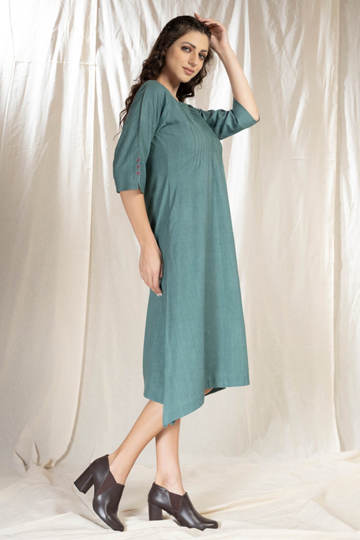 Blue handwoven Cotton Pintuck Midi Dress