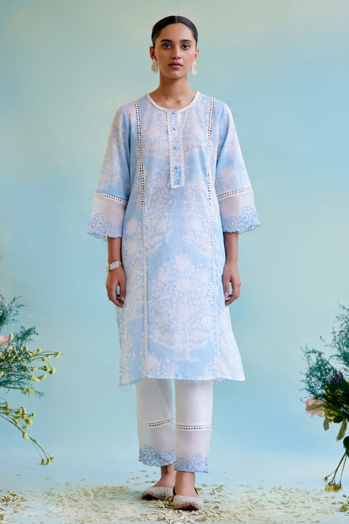 Nero Blue Lace Cotton Kurta Set for women at ScrollnShops