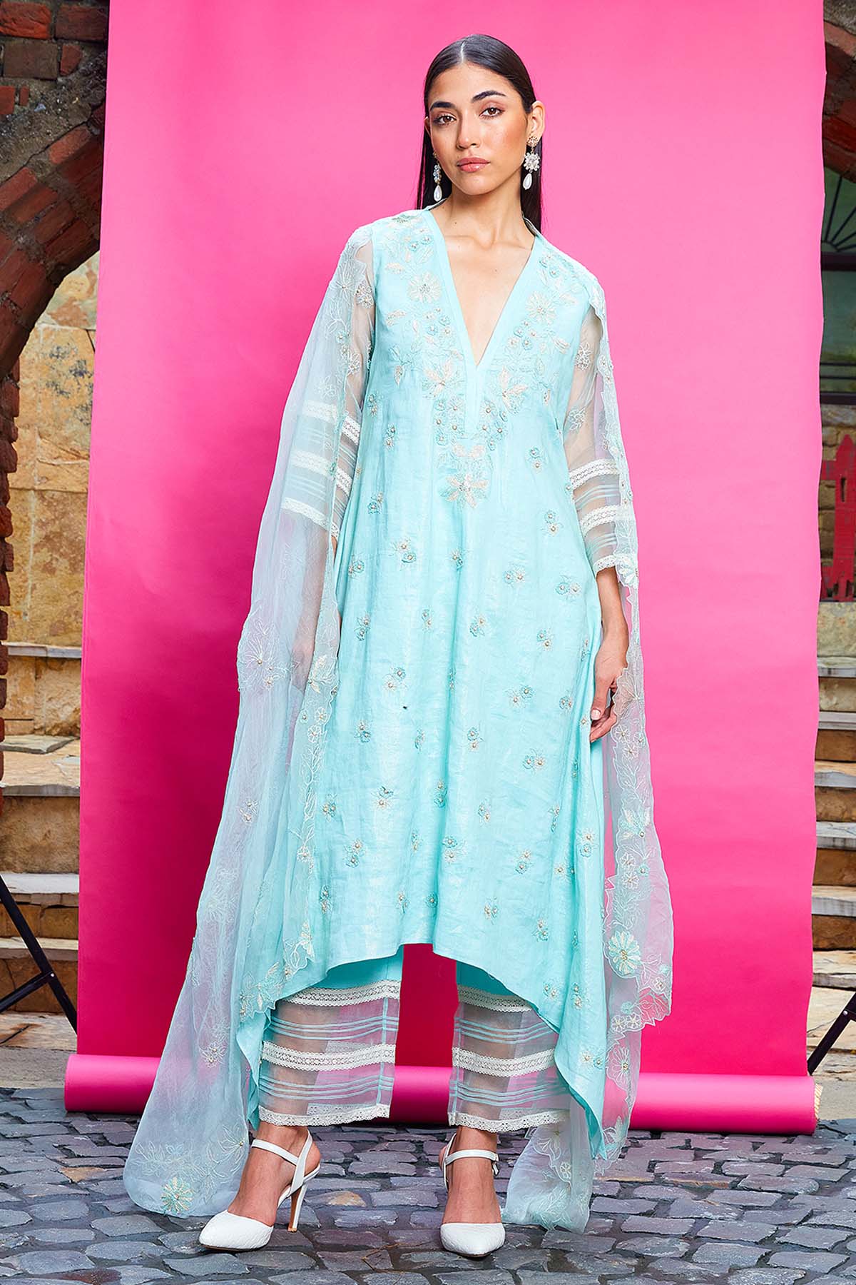 Priyanka Jain Blue Lace Embellished Kurta Set for women online at ScrollnShops