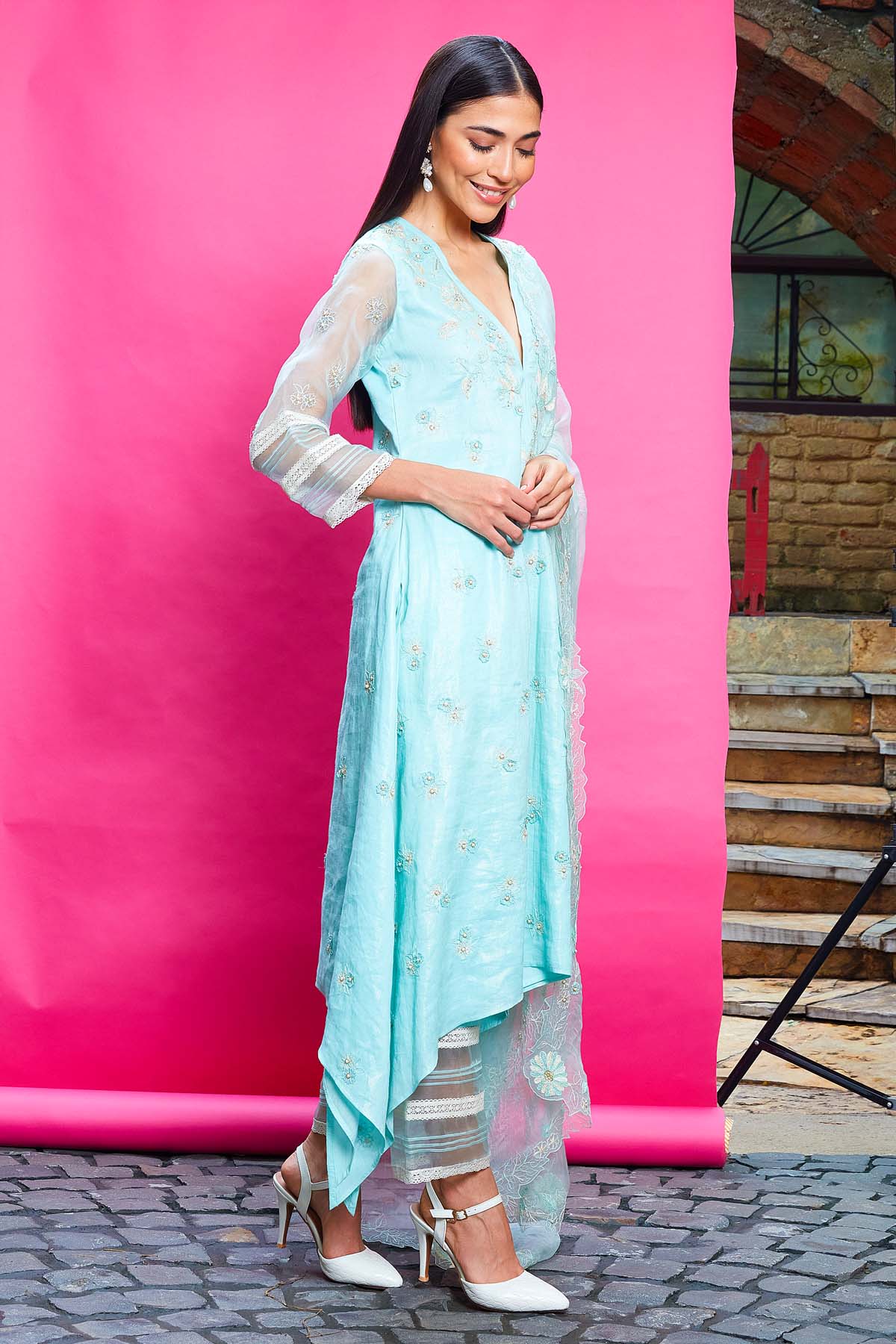 Blue Lace Embellished Kurta Set
