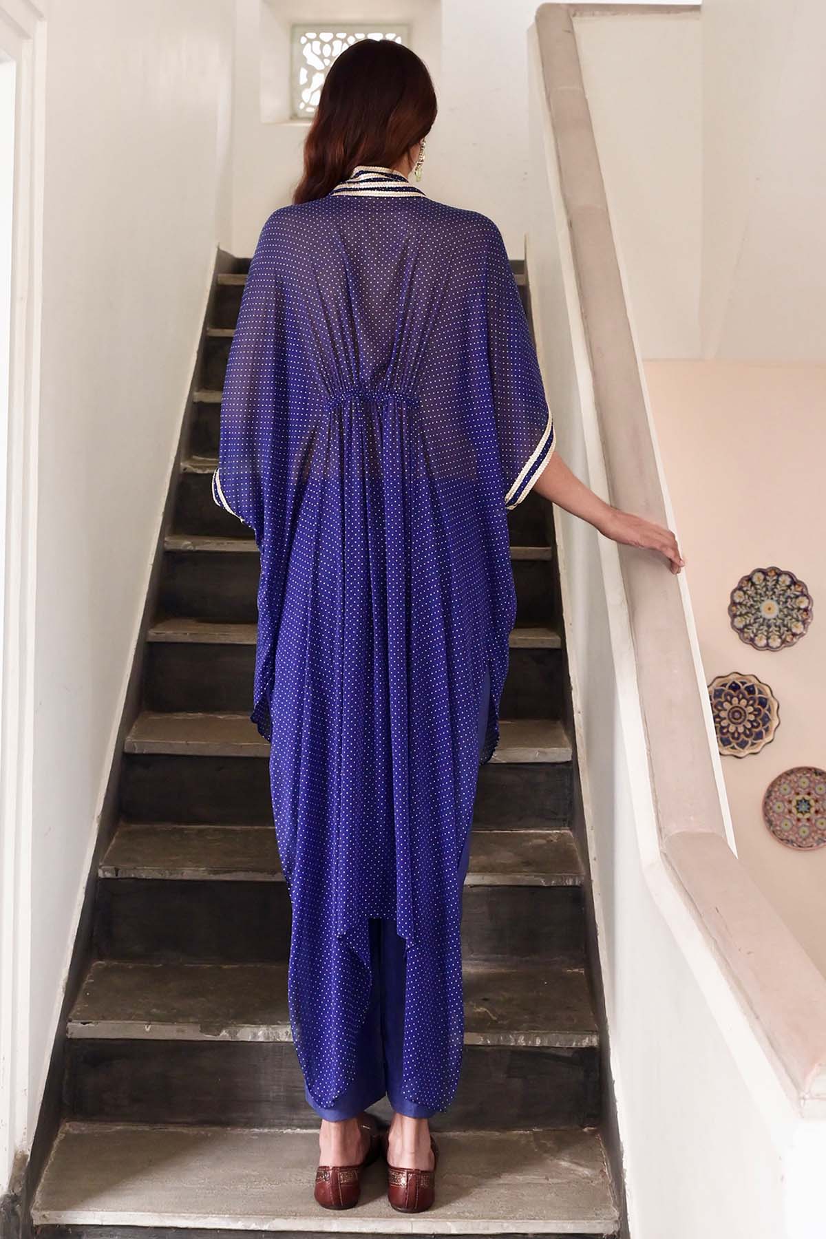 Blue Lace Work V-Neck Kaftan Set