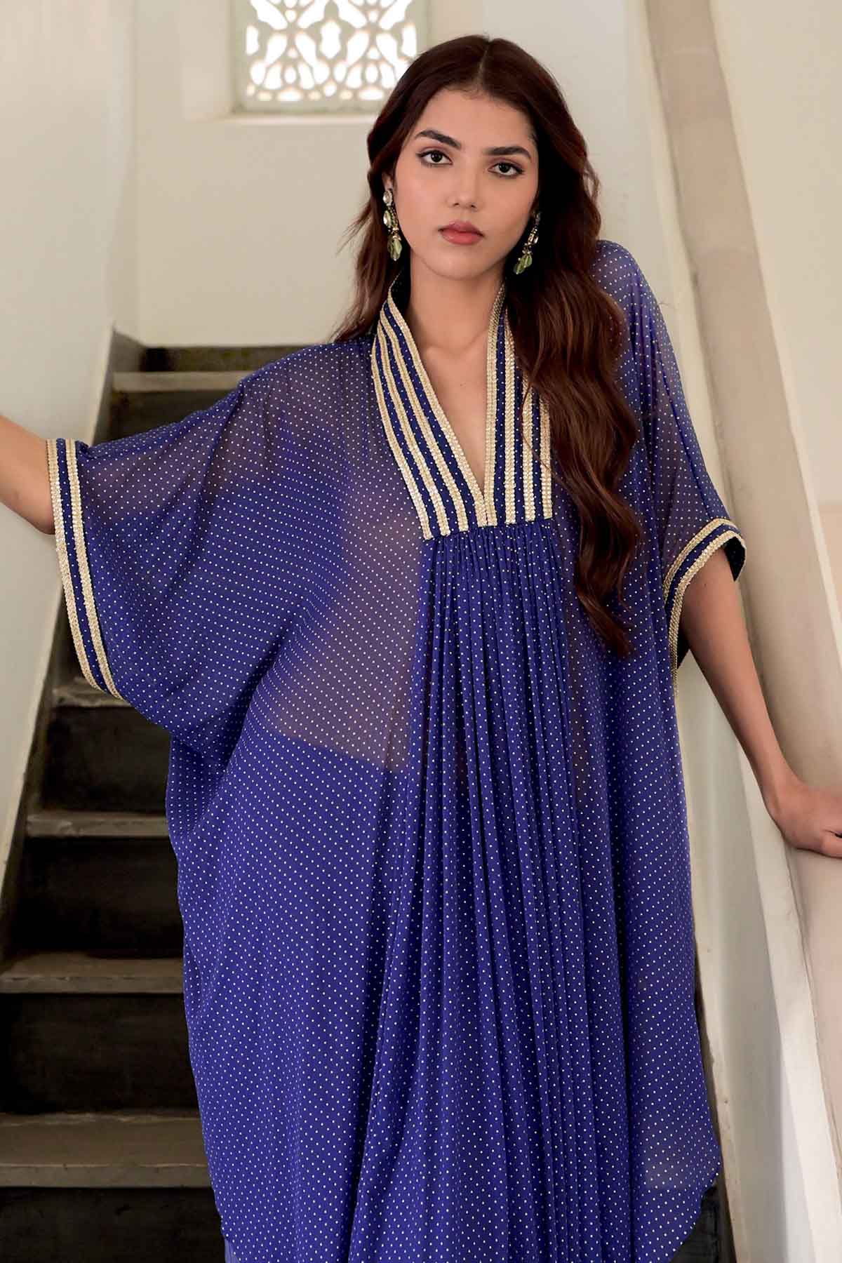 Blue Lace Work V-Neck Kaftan Set