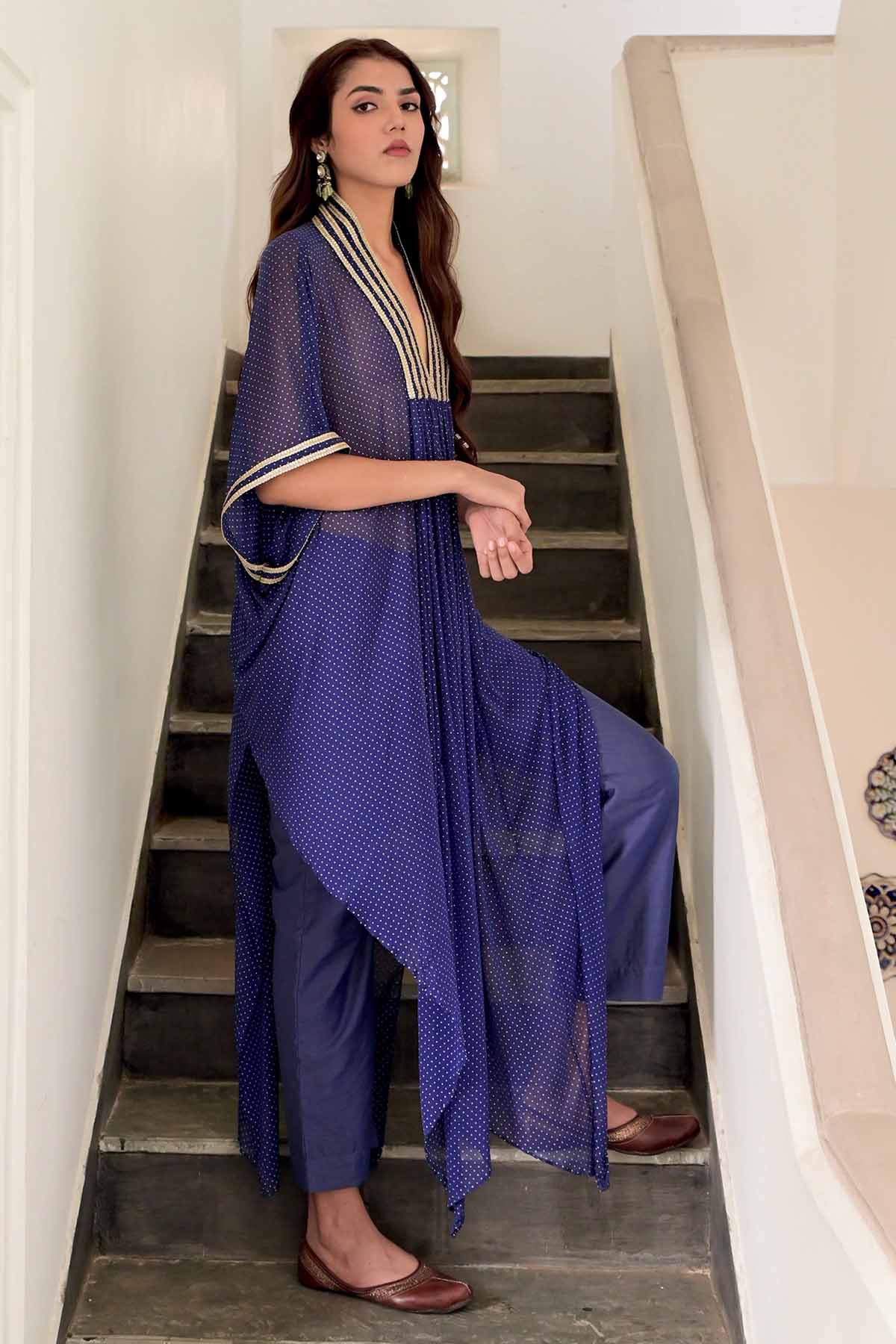 Blue Lace Work V-Neck Kaftan Set