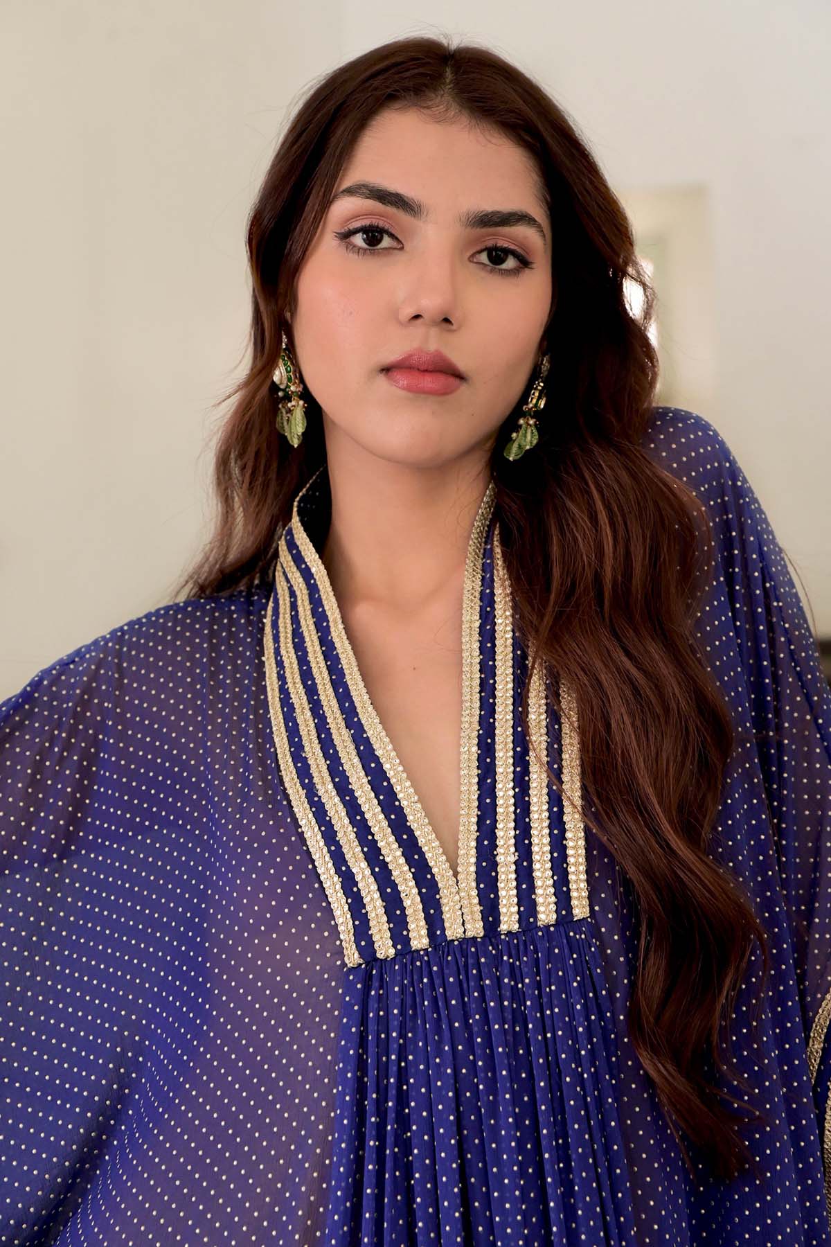 Blue Lace Work V-Neck Kaftan Set