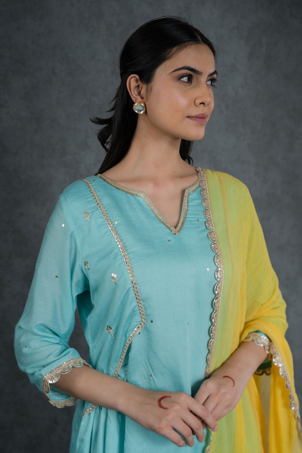 Blue Lacework Long Kurta Set
