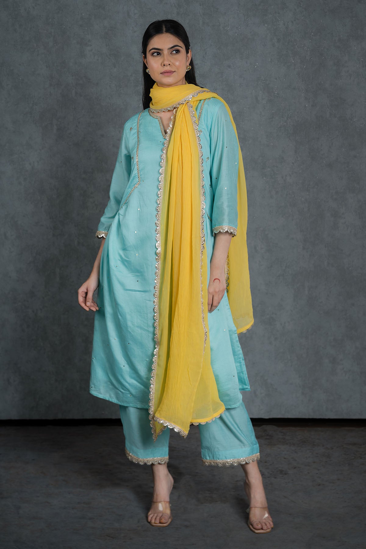 Blue Lacework Long Kurta Set