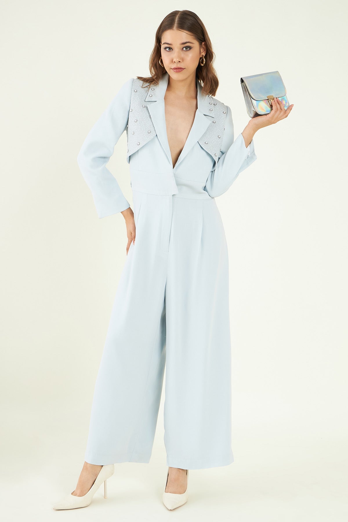 Buy Blue Lapel Collar Jumpsuit Online
