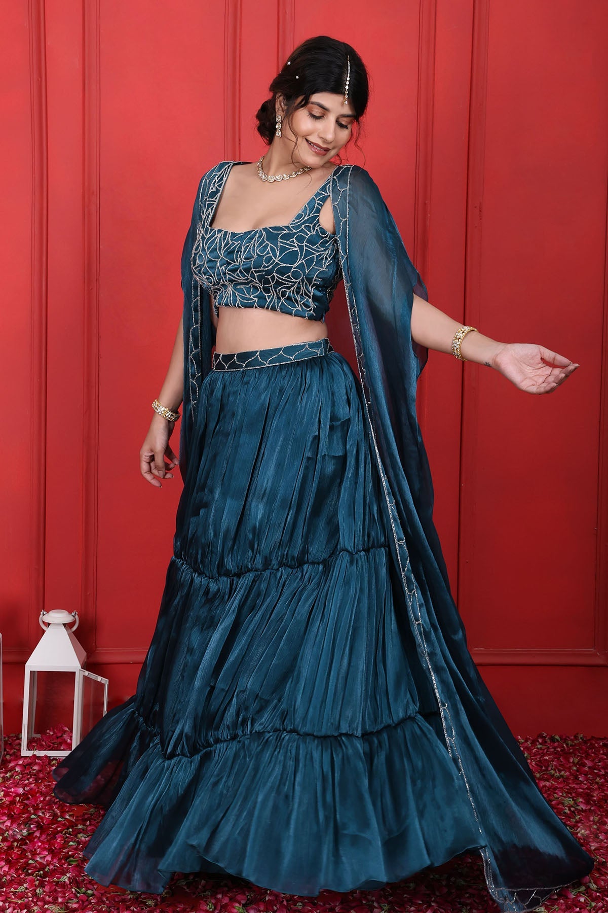 Buy Blue Layered Lehenga Set & Cape by Namita Sharma for women online at ScrollnShops