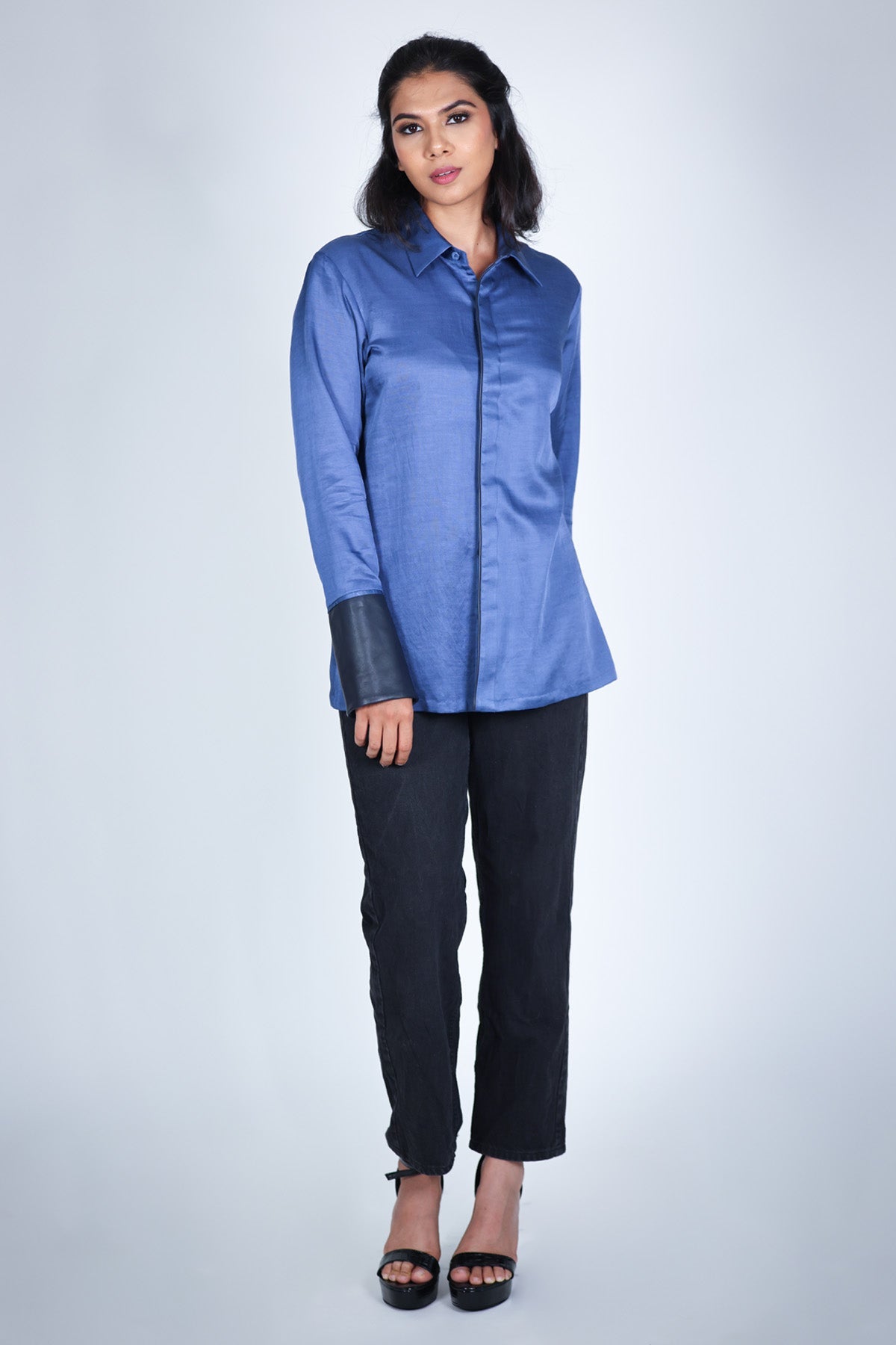 Arya Giri Blue Leather Cuff Shibori Shirt for women online at ScrollnShops