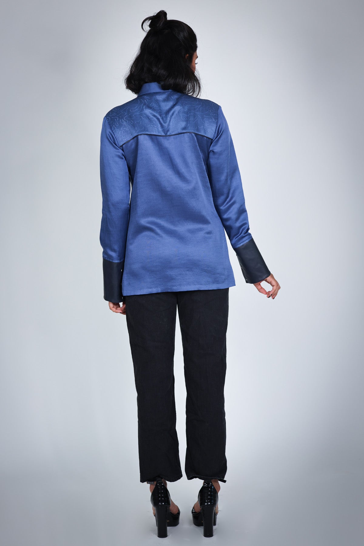 Blue Leather Cuff Shibori Shirt