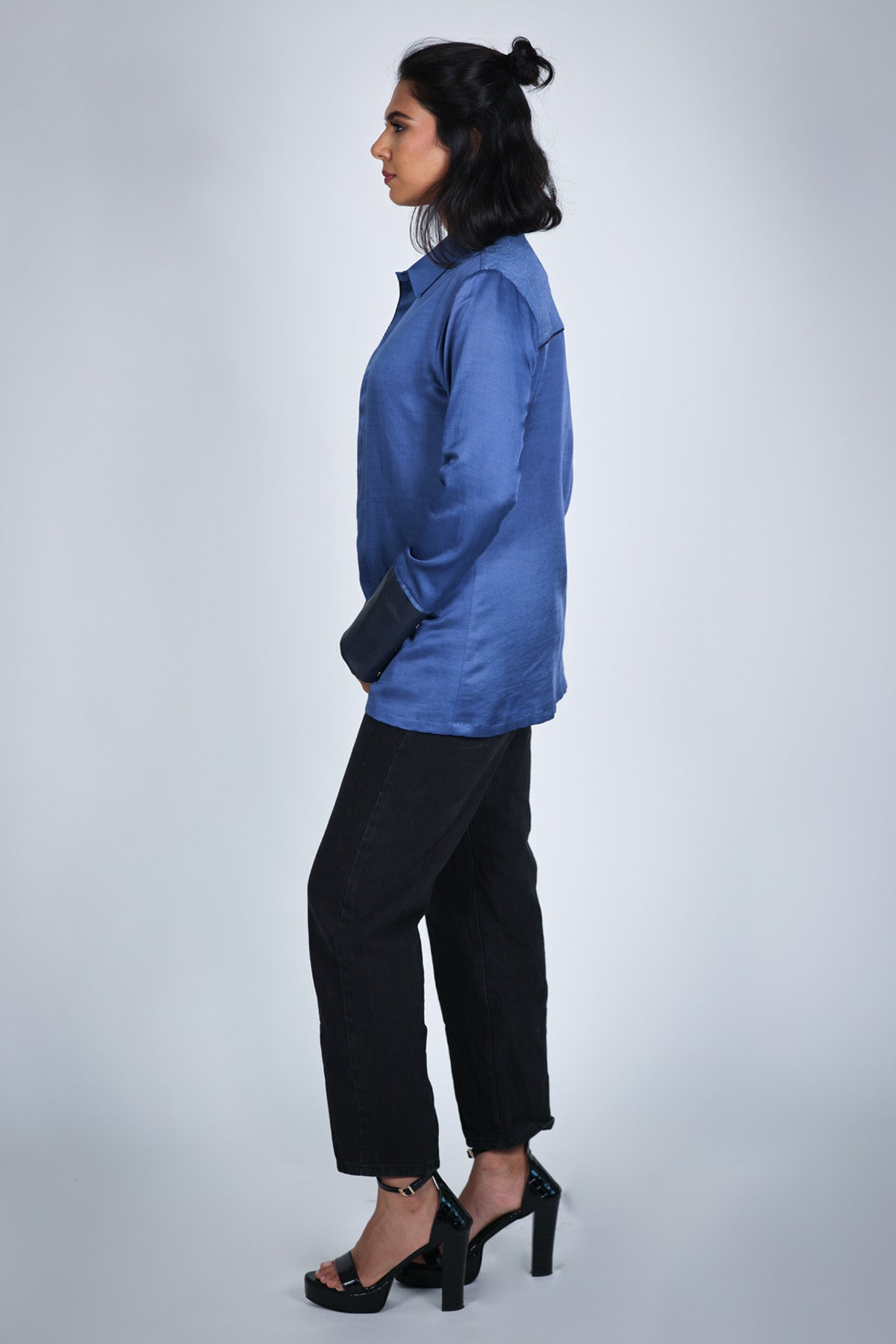 Blue Leather Cuff Shibori Shirt