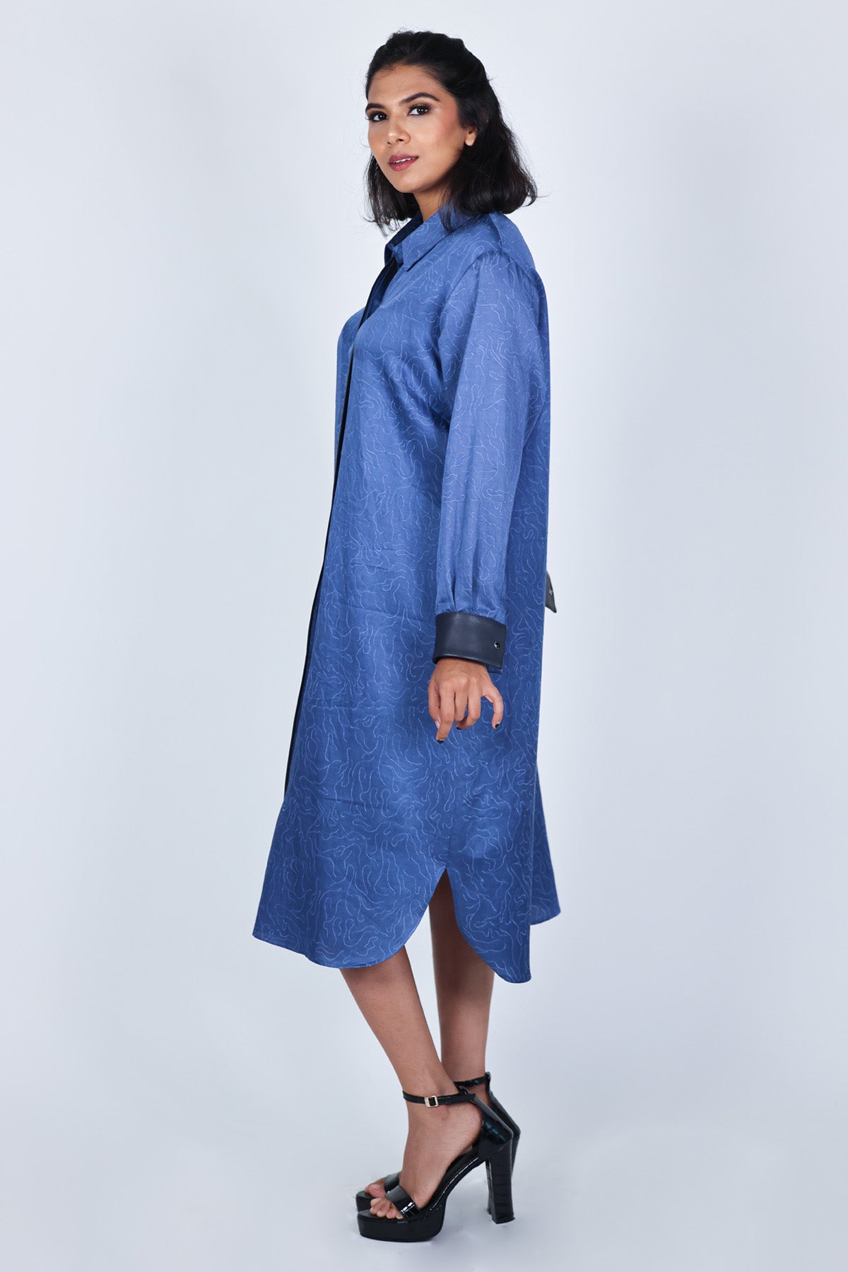 Blue Leather Shibori Shirt Dress