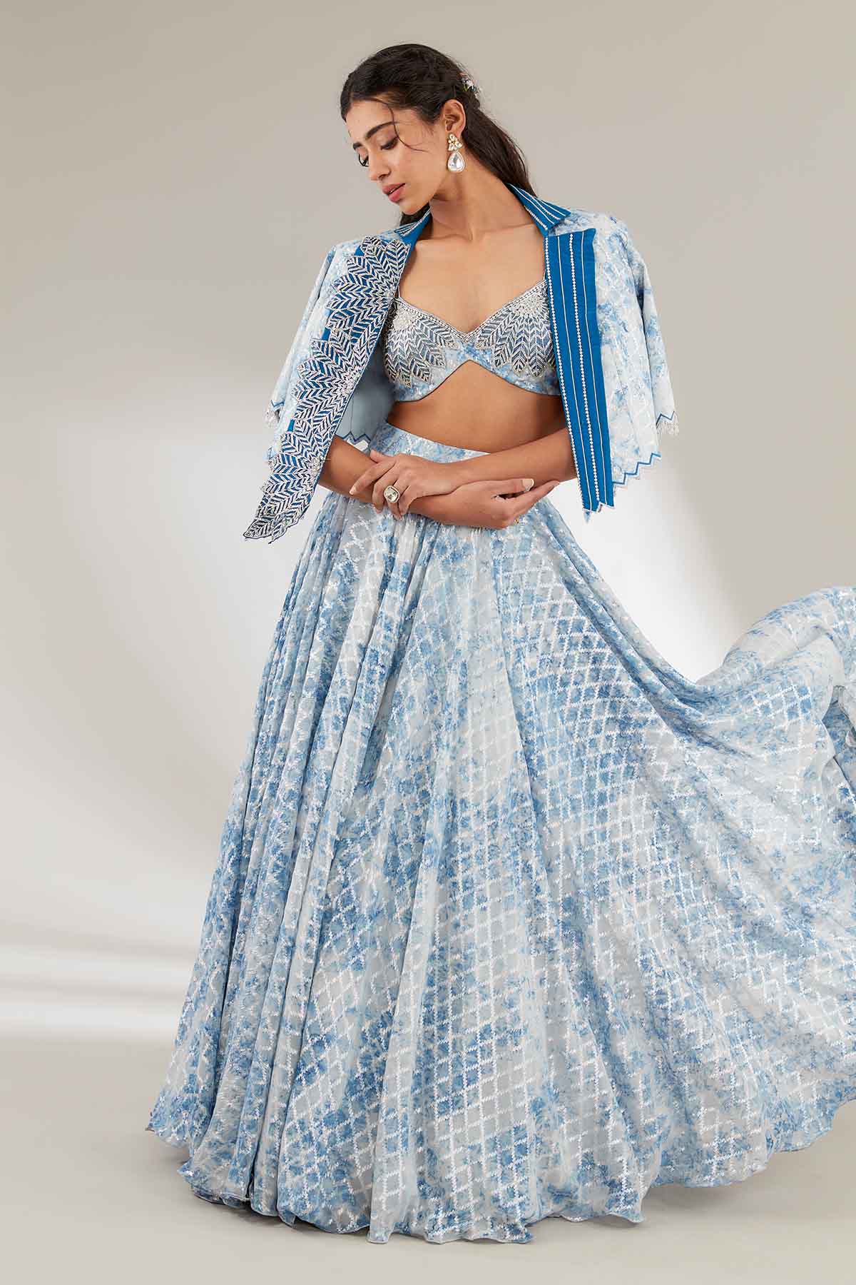 Buy Blue Lehenga Set & Crop Jacket by Ajiesh Oberoi for women online at ScrollnShops