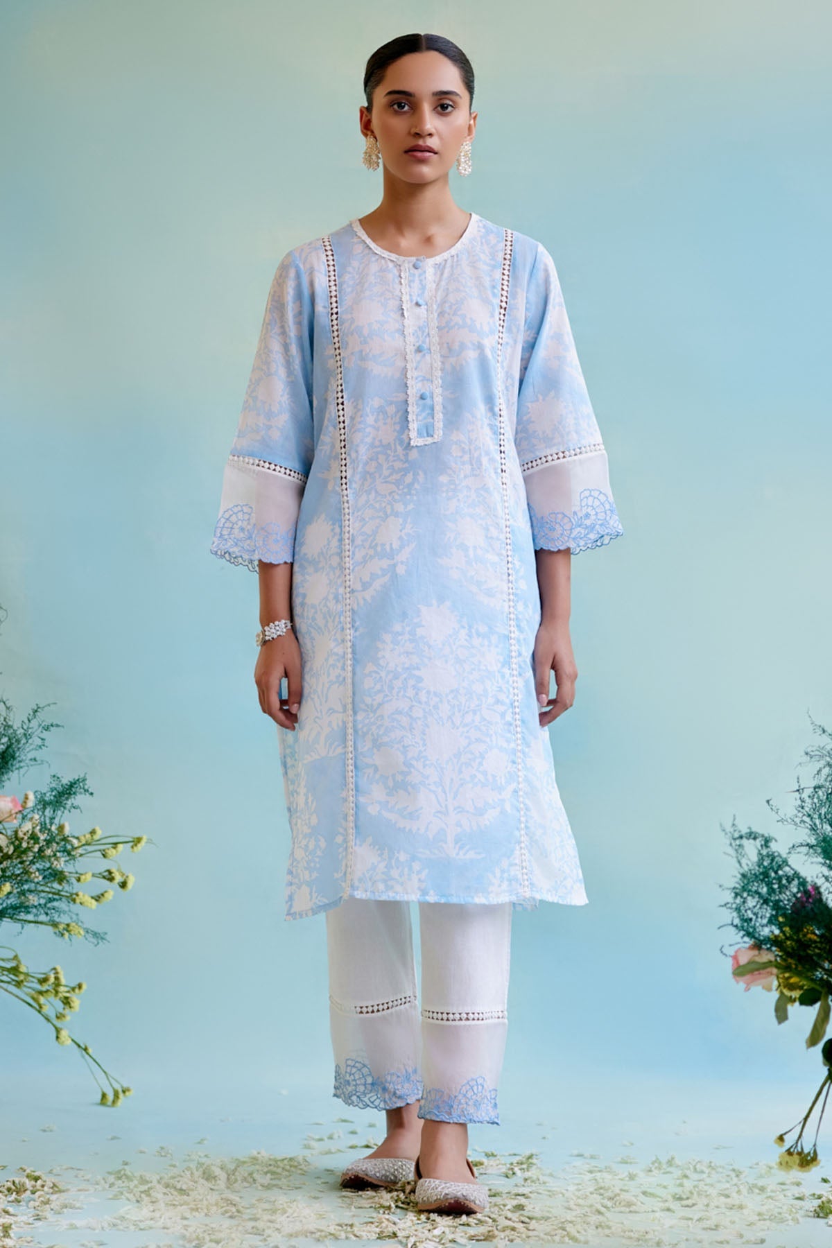 Nero Blue Lily Organza Panel Kurta for women at ScrollnShops