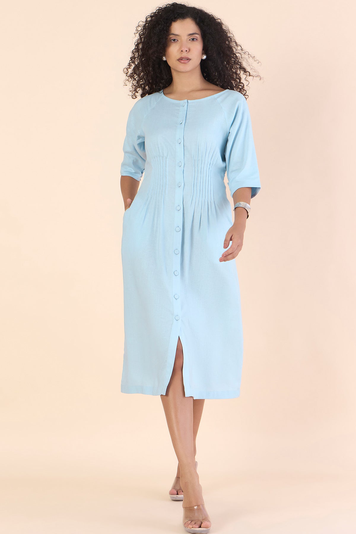 Buy Blue Linen Blend Midi Dress by PowerSutra for women online at ScrollnShops