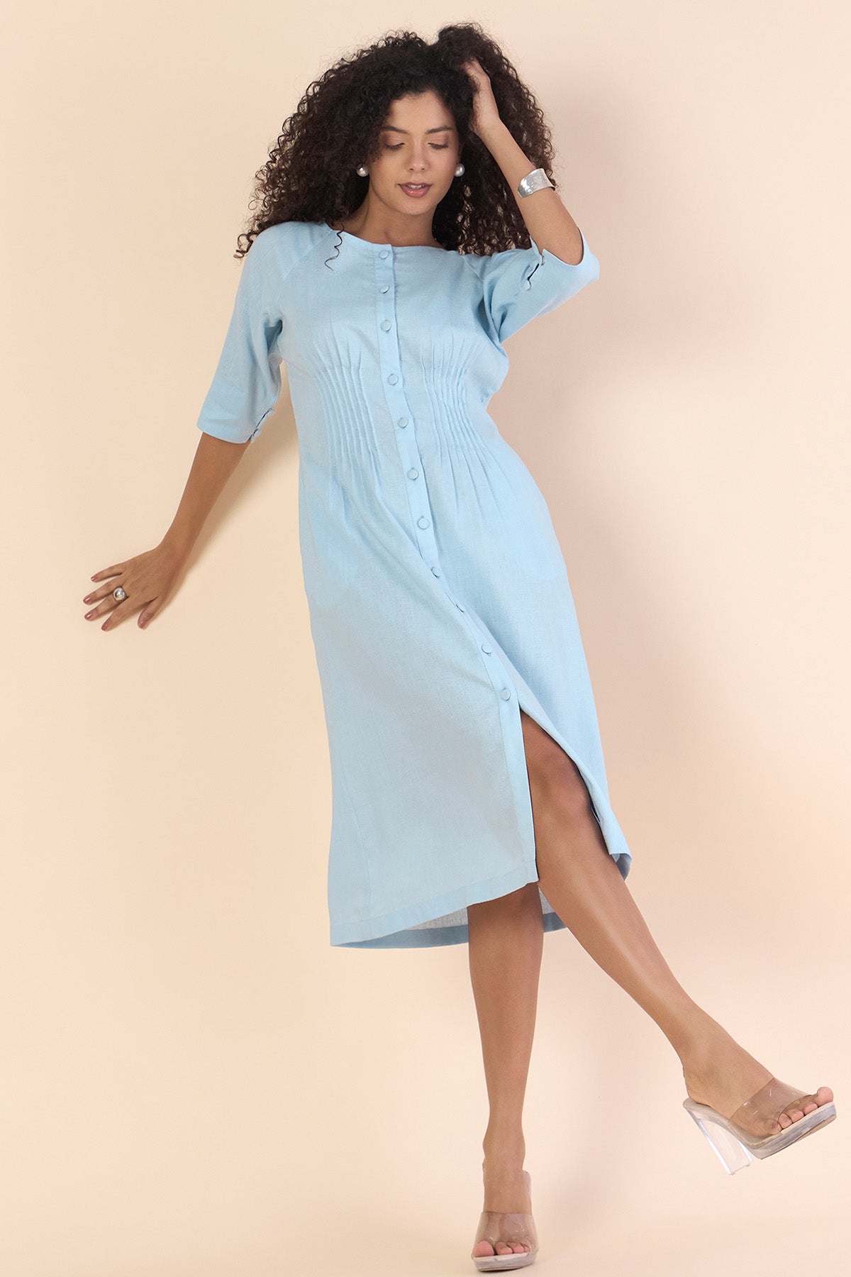 Blue Linen Blend Midi Dress