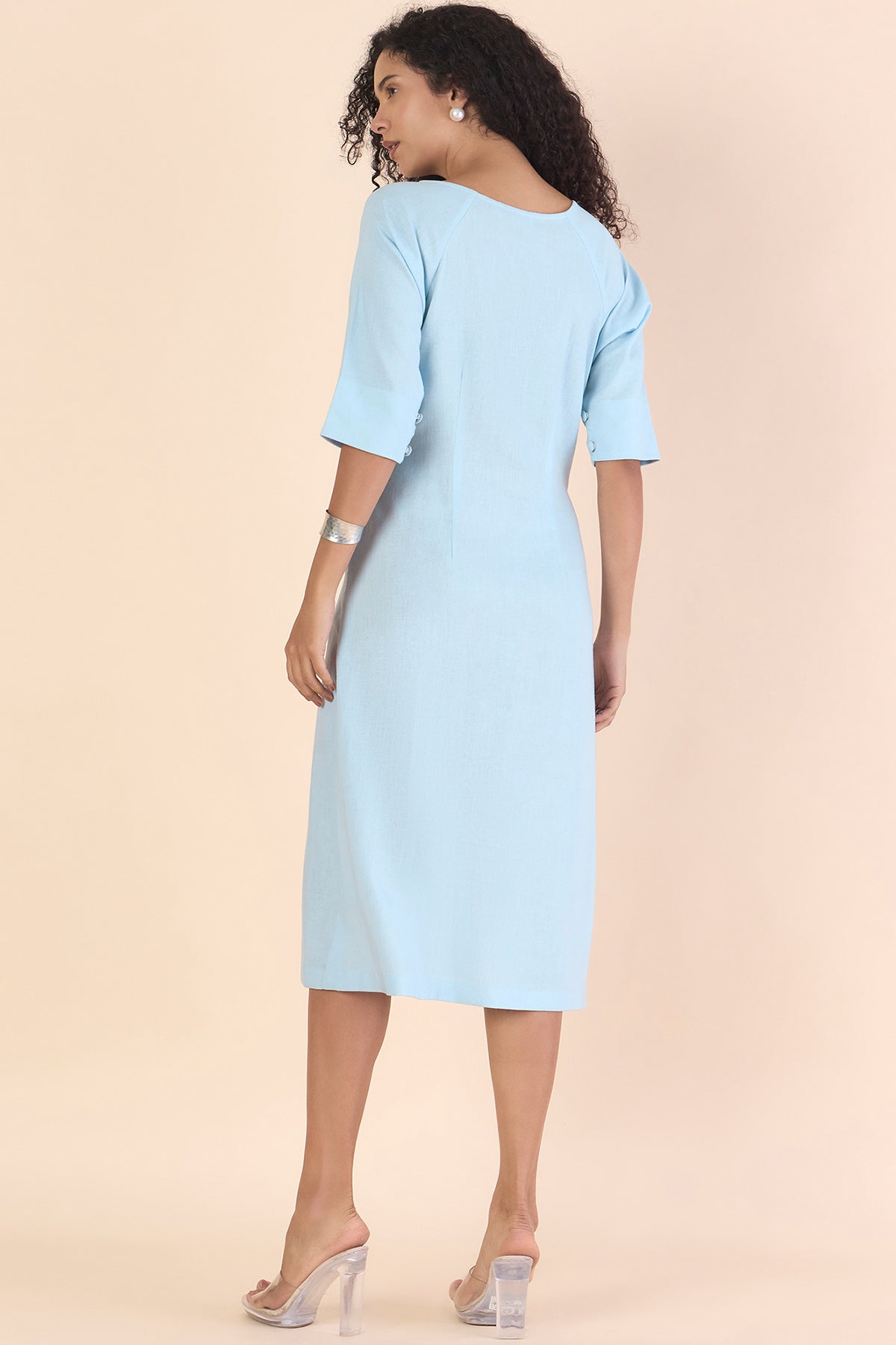 Blue Linen Blend Midi Dress