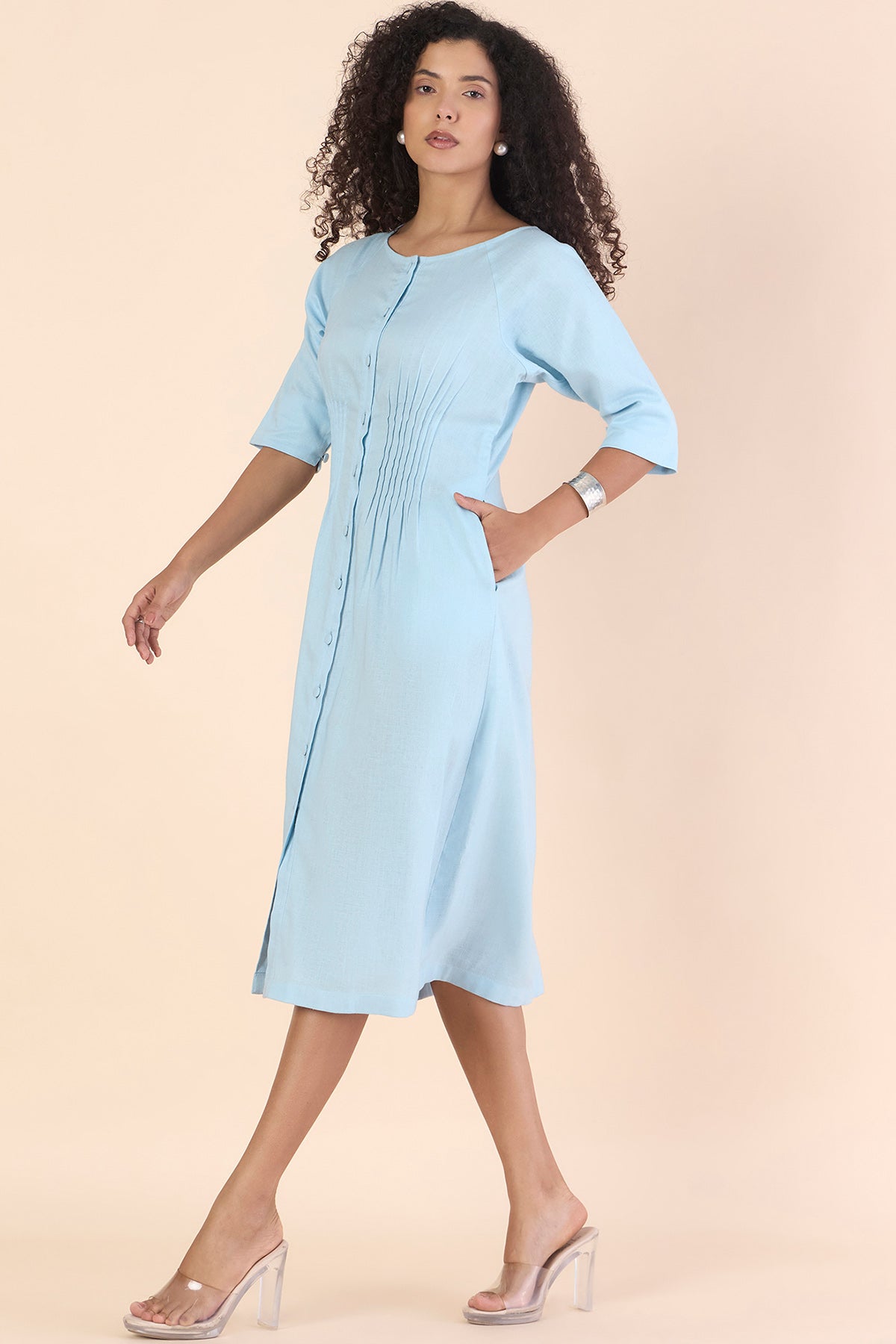 Blue Linen Blend Midi Dress
