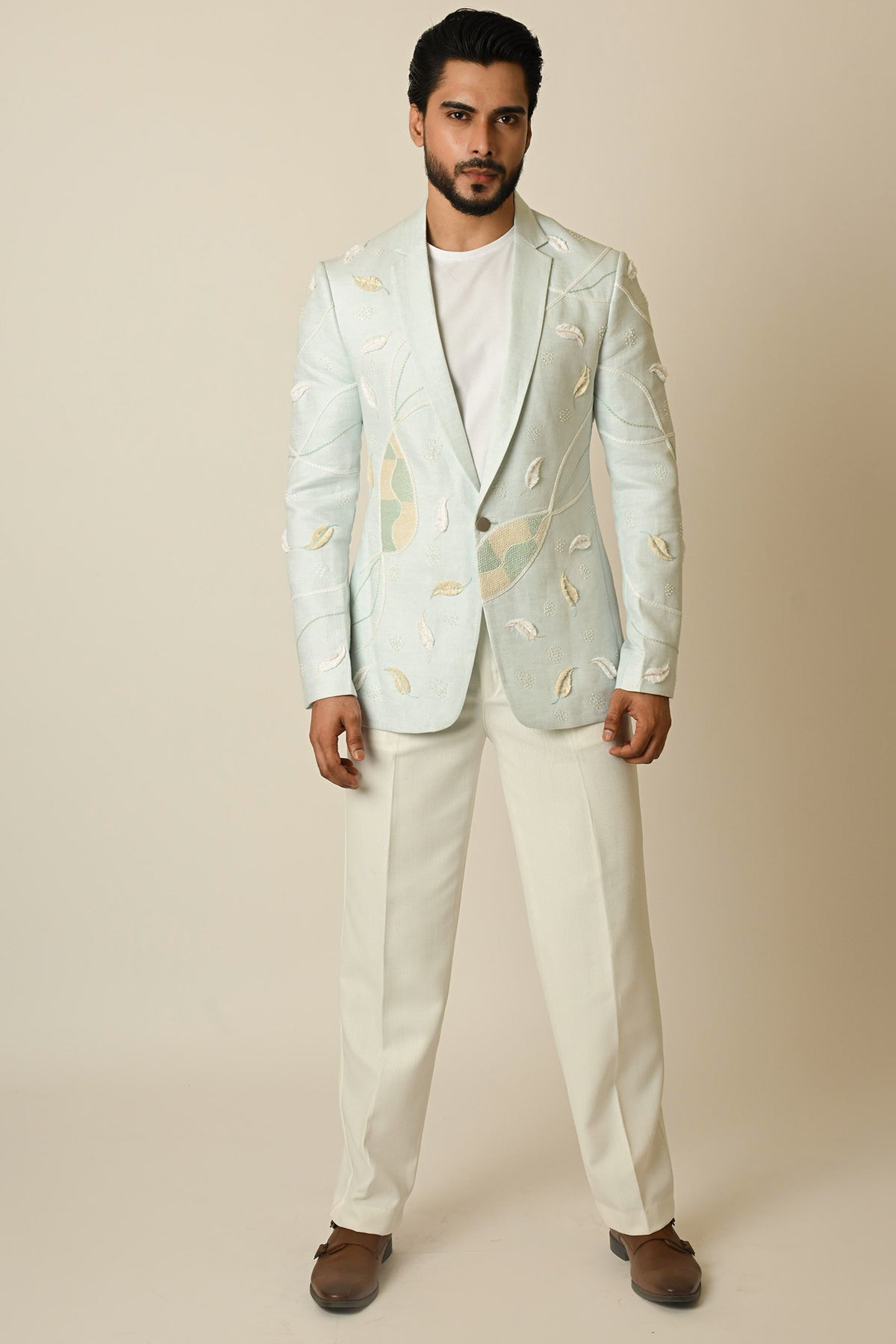 Buy Blue Linen Embroidery Blazer for men by Paarsh Atelier online available at scrollnshops