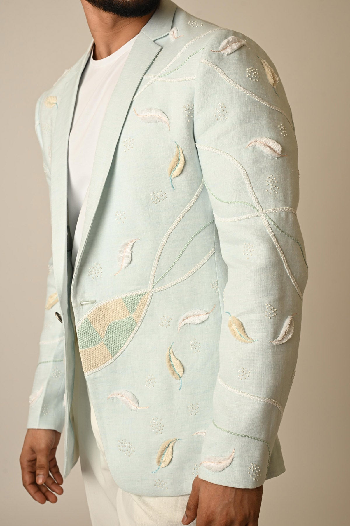 Blue Linen Embroidery Blazer