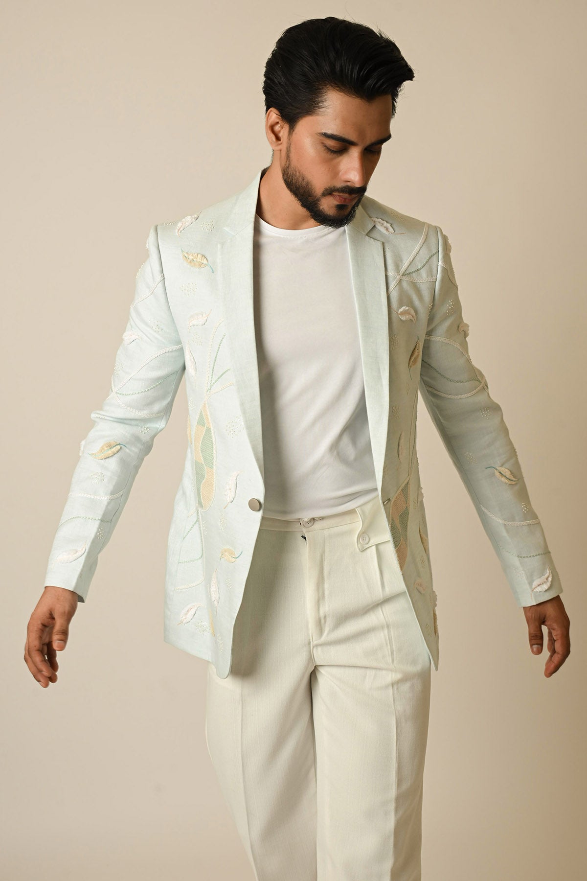 Blue Linen Embroidery Blazer