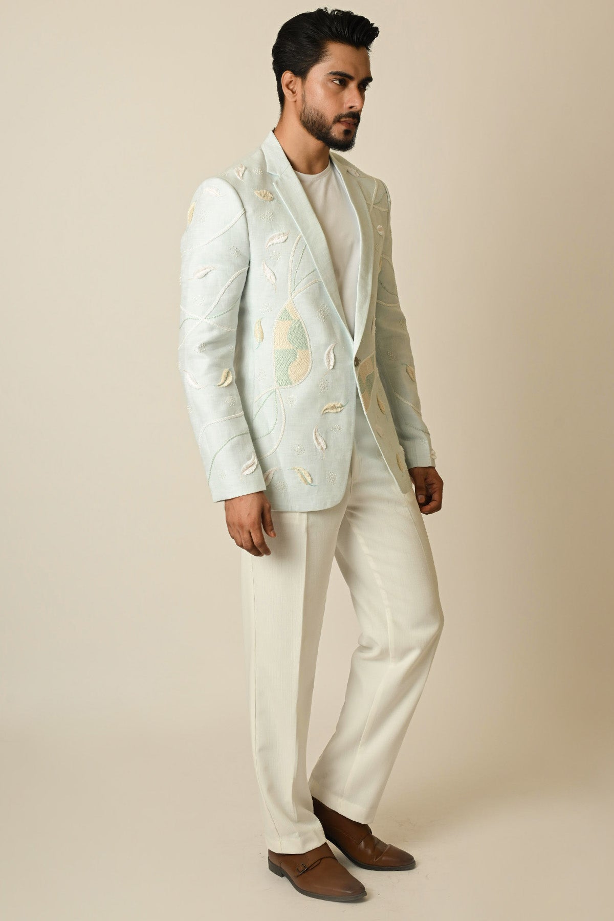 Blue Linen Embroidery Blazer