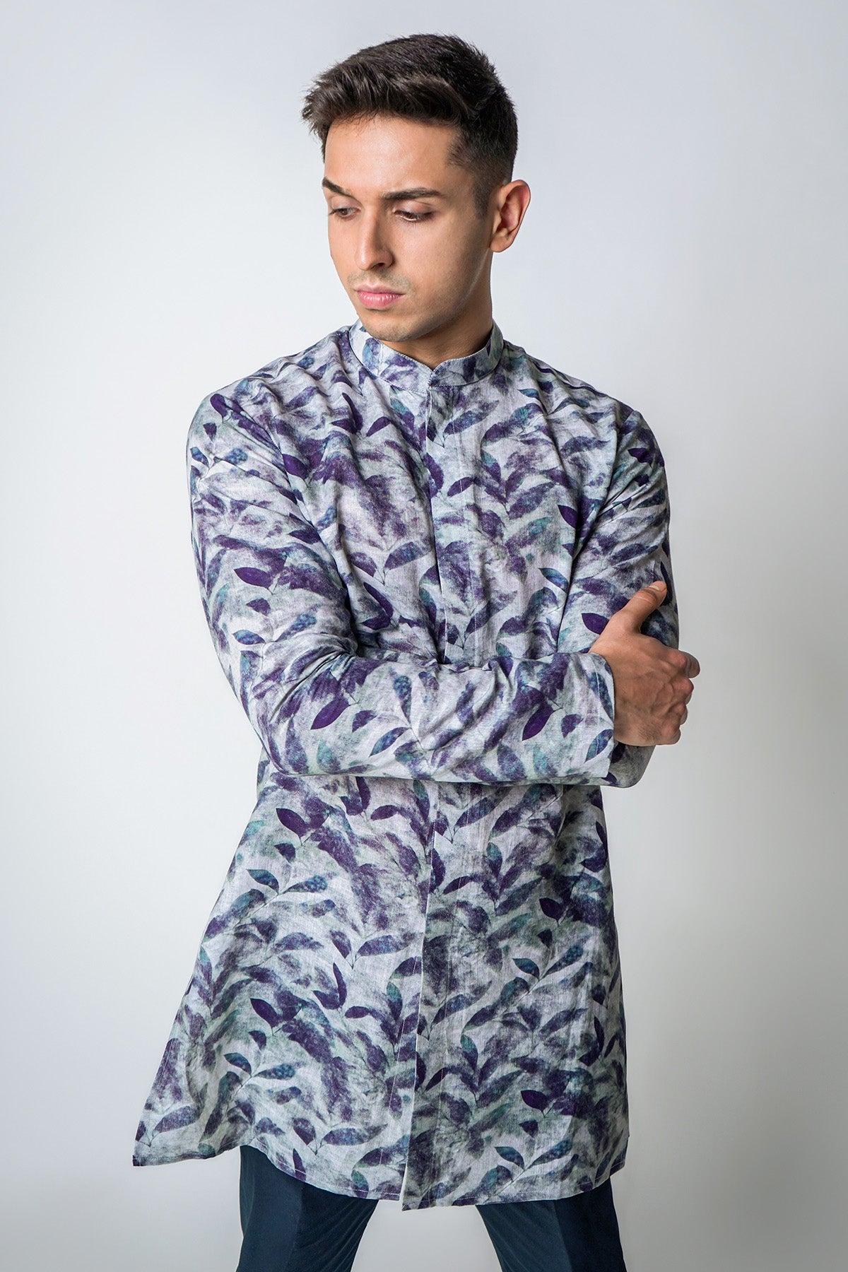 Blue Linen Printed Kurta Set