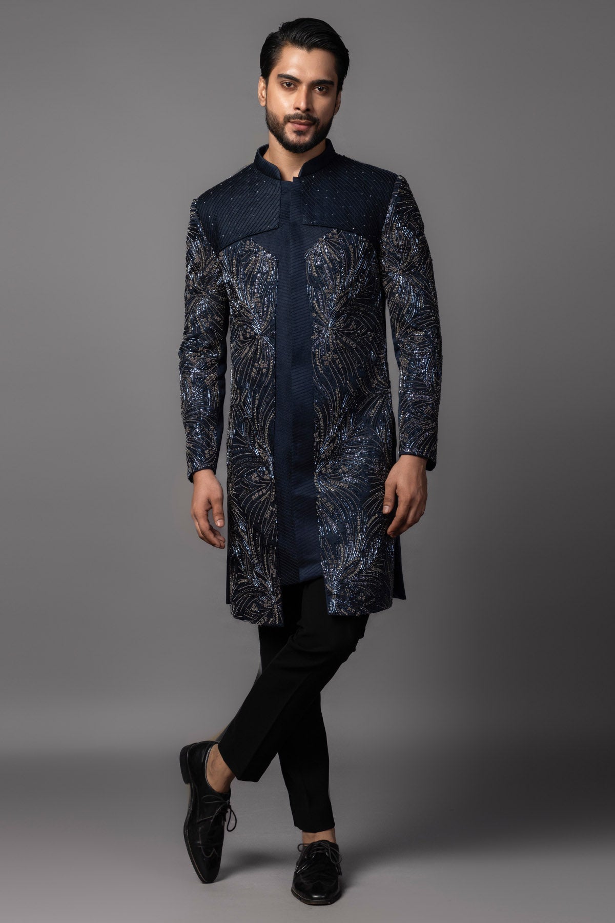Buy Blue Linen Sequins Achkan Set for men by Paarsh Atelier online available at scrollnshops