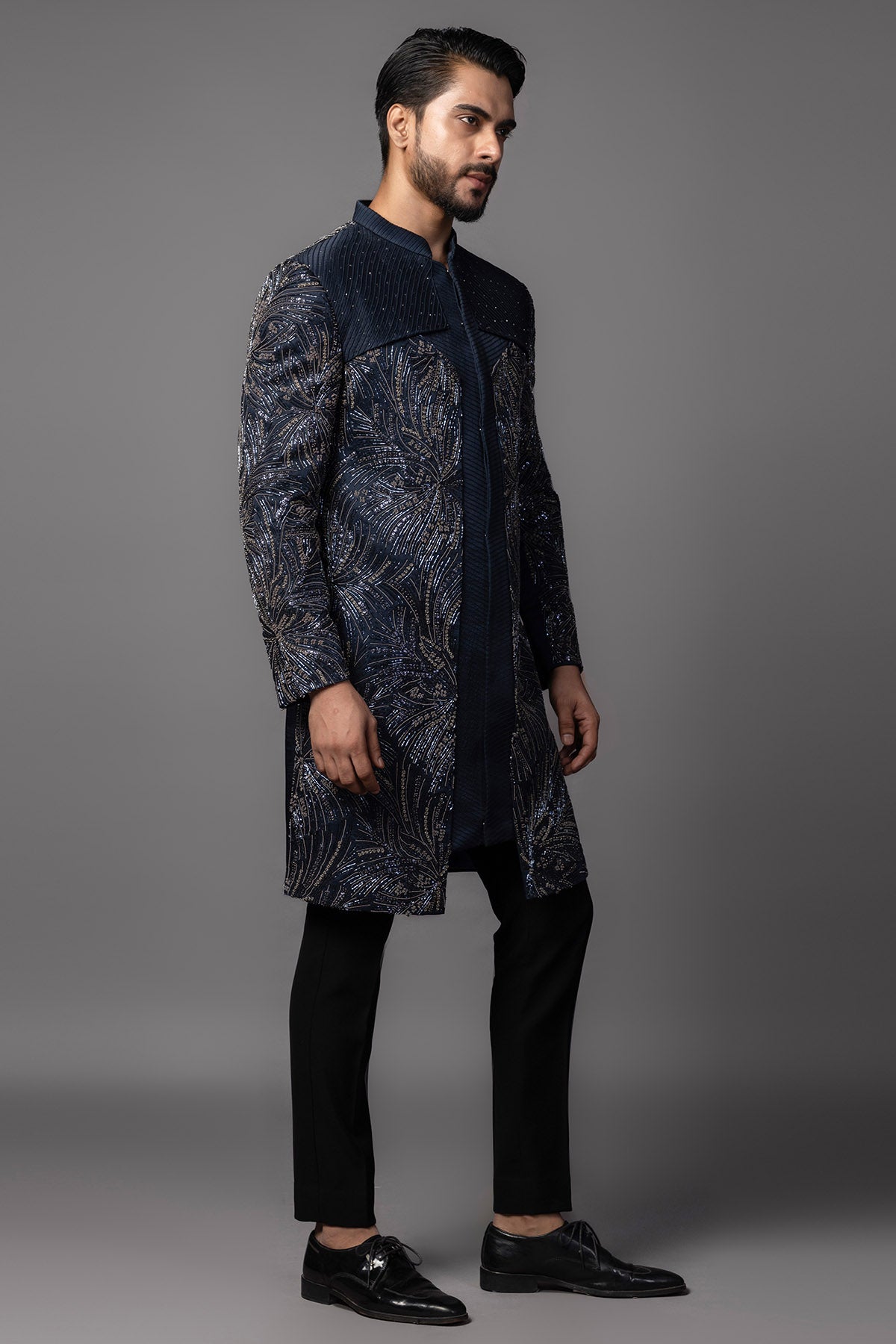 Blue Linen Sequins Achkan Set