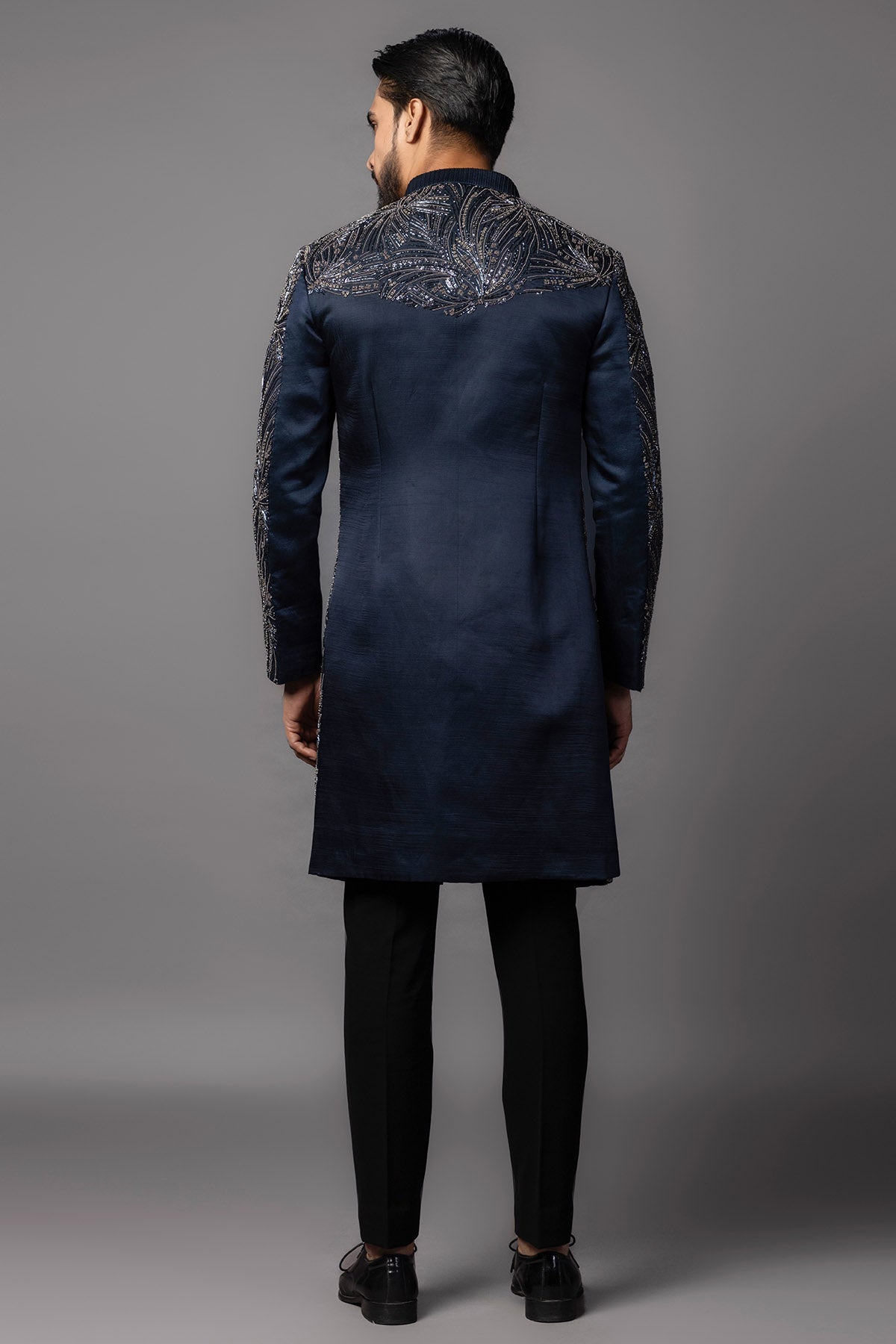Blue Linen Sequins Achkan Set