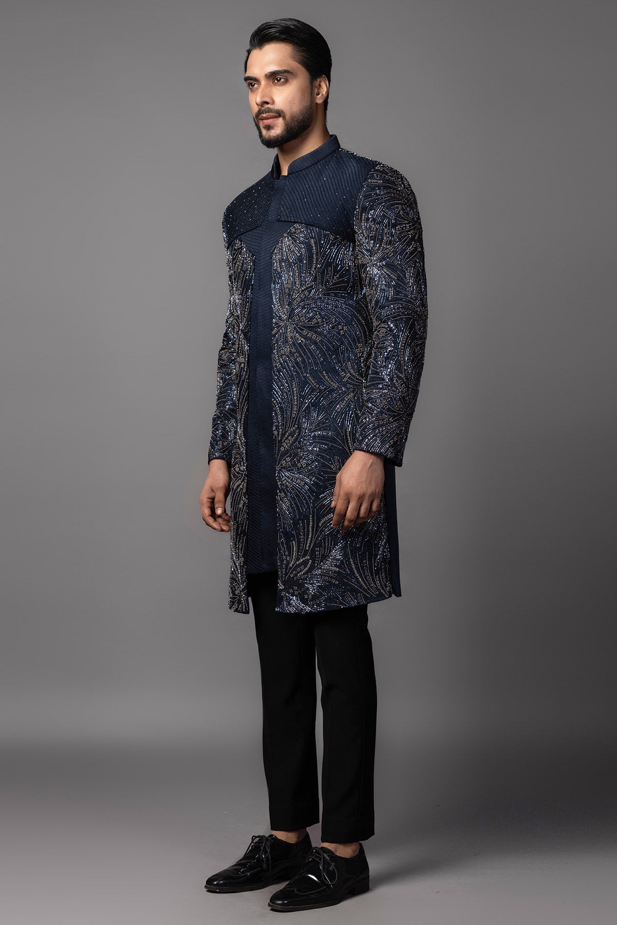 Blue Linen Sequins Achkan Set