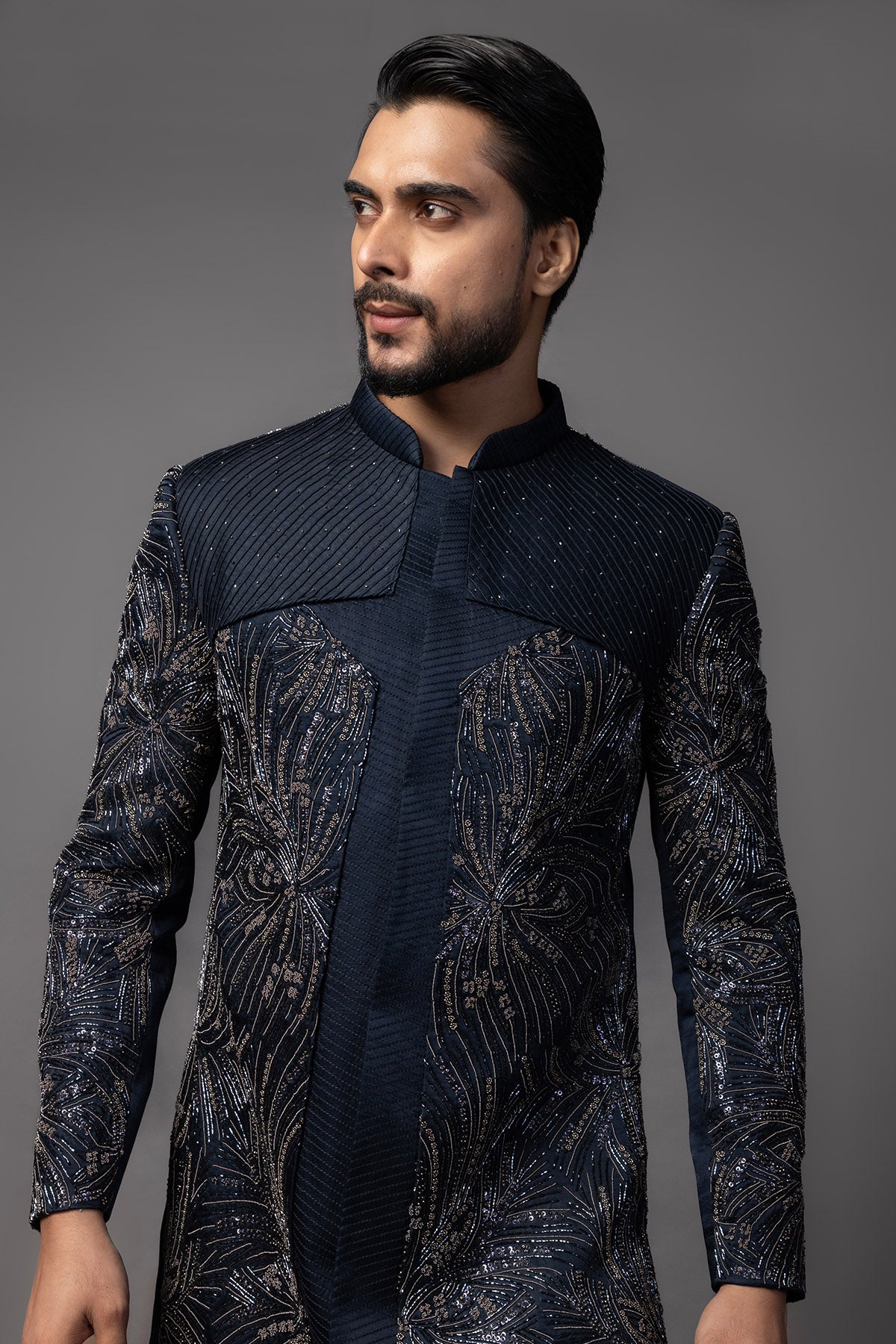 Blue Linen Sequins Achkan Set