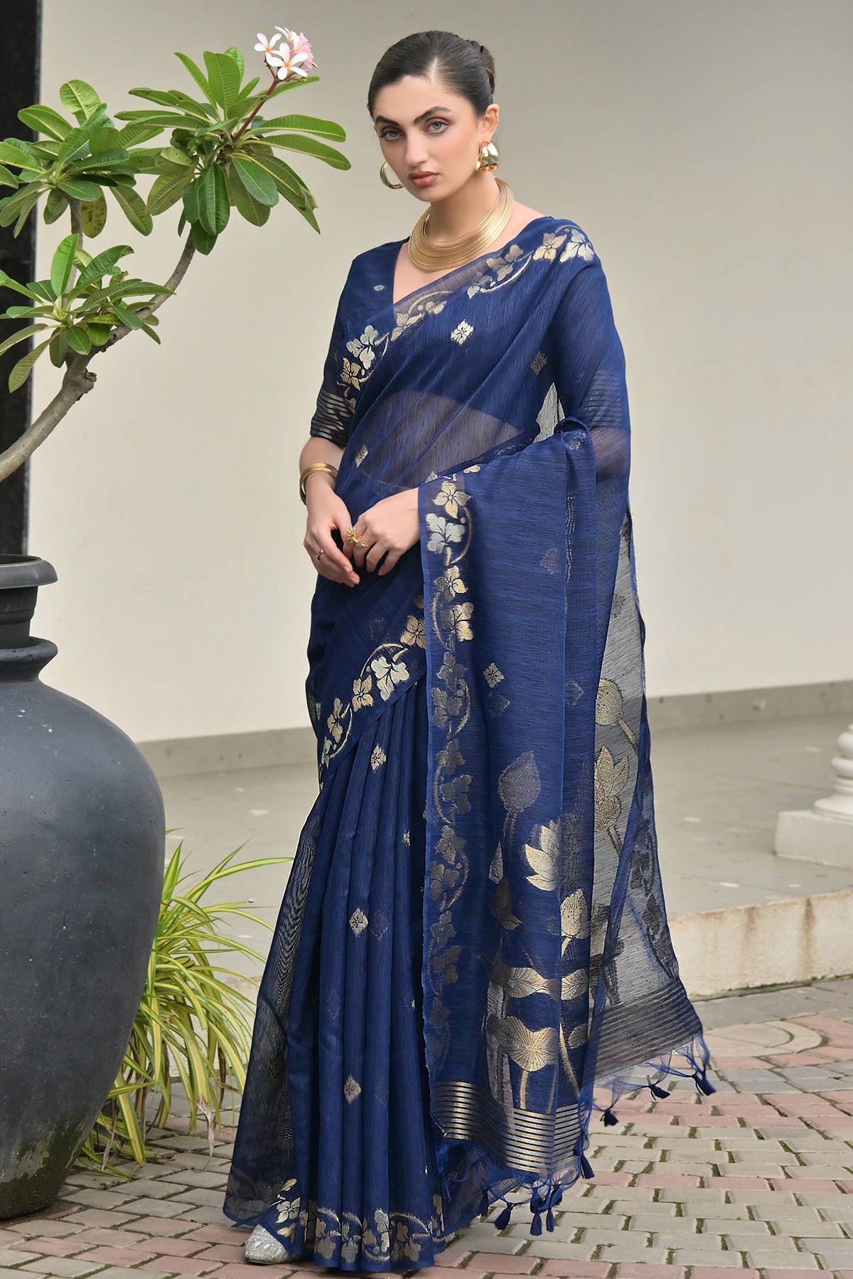Buy Blue Linen Silk Pure Zari Saree for women by Lili Lala Designer online available at scrollnshops