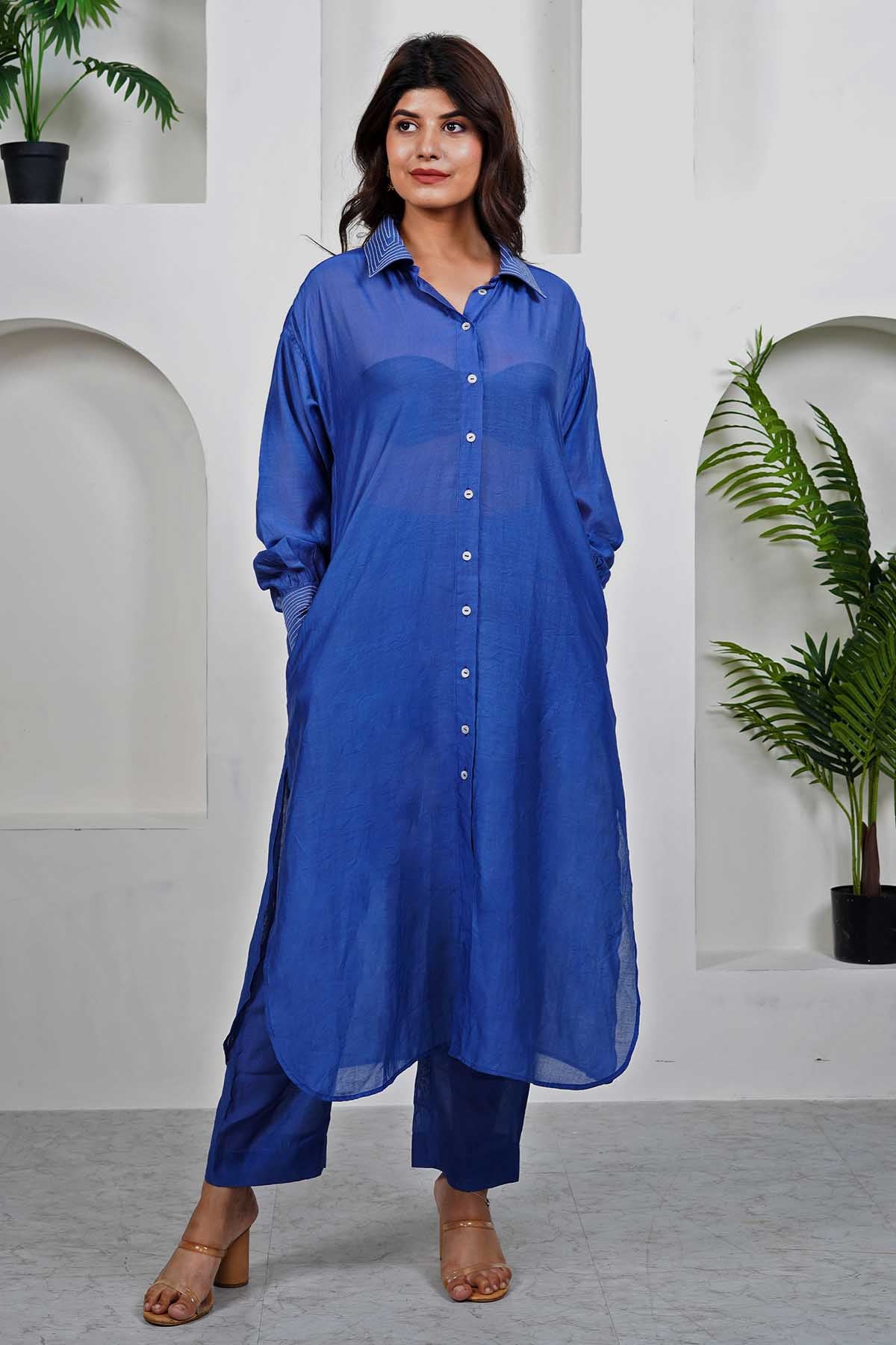 Imrie Blue Long Collar Kurta & Pants for women online at ScrollnShops