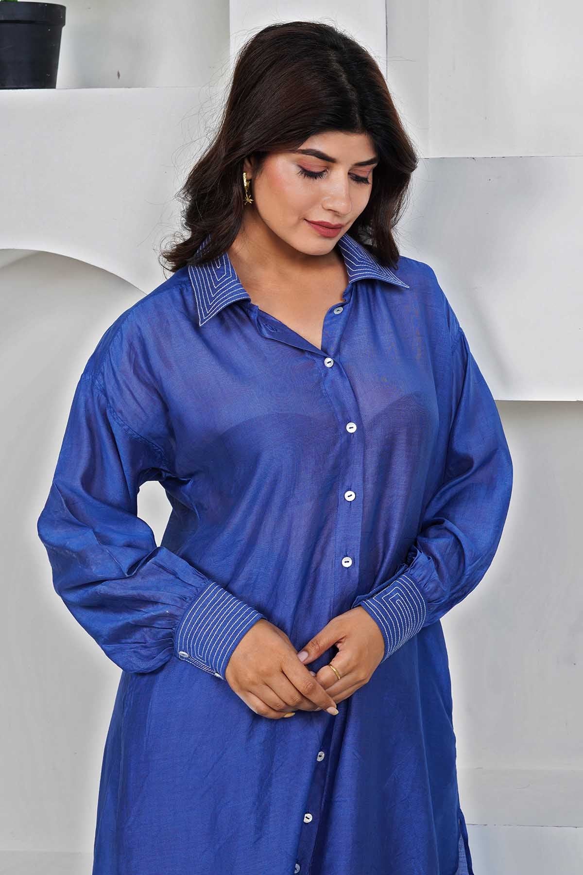 Blue Long Collar Kurta & Pants