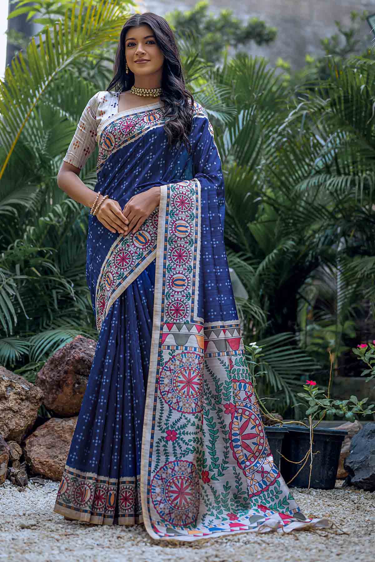 Buy Designer Blue Madhubani Print Saree Online