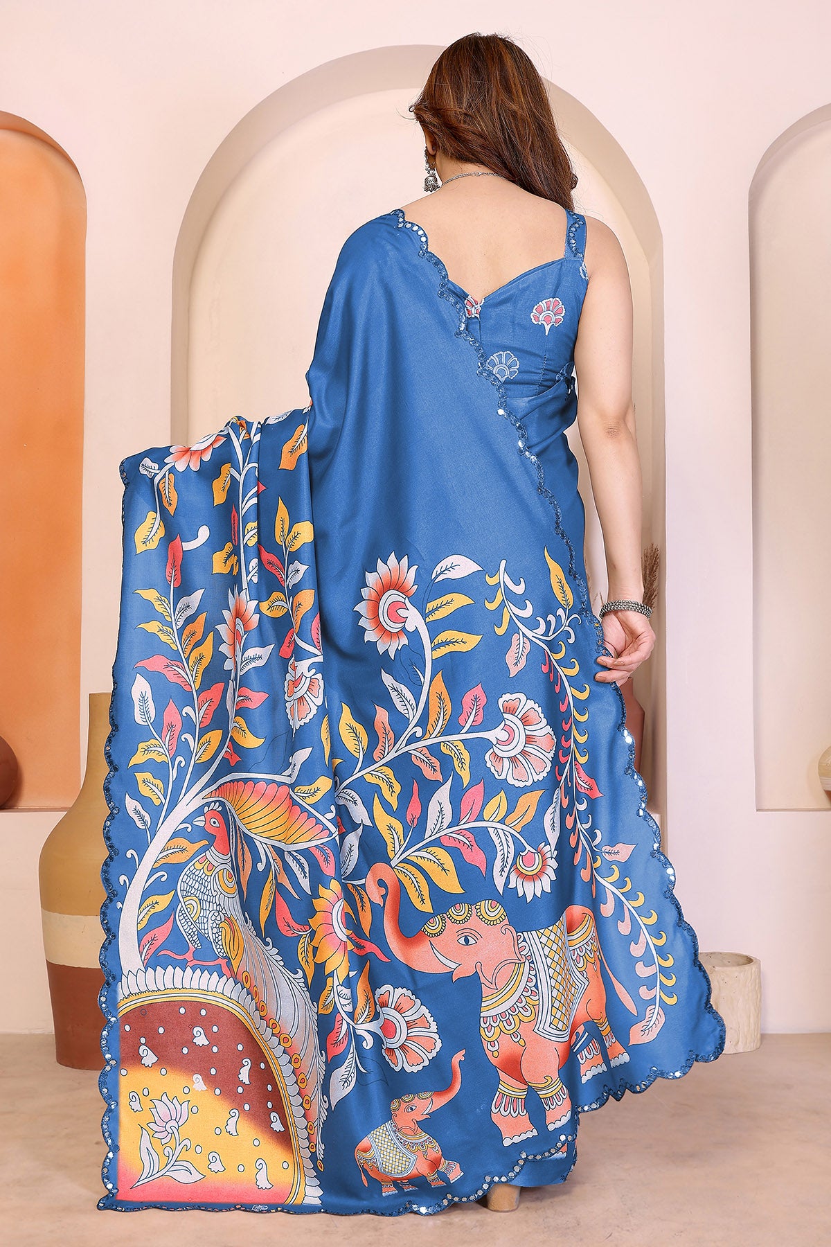 Blue Manipuri Kalamkari Saree
