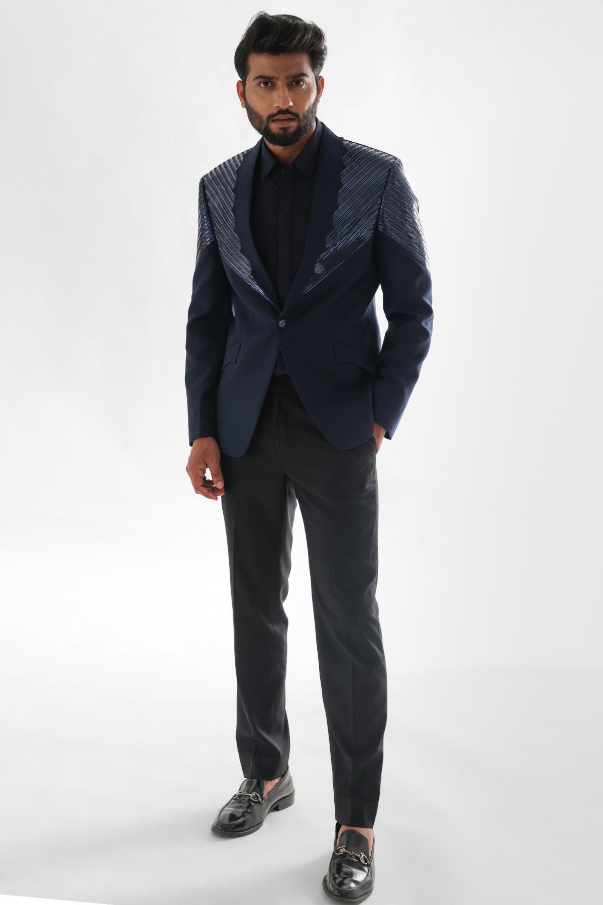 Buy Blue Metallic Strip Tuxedo Set for men by Paarsh Atelier online available at scrollnshops